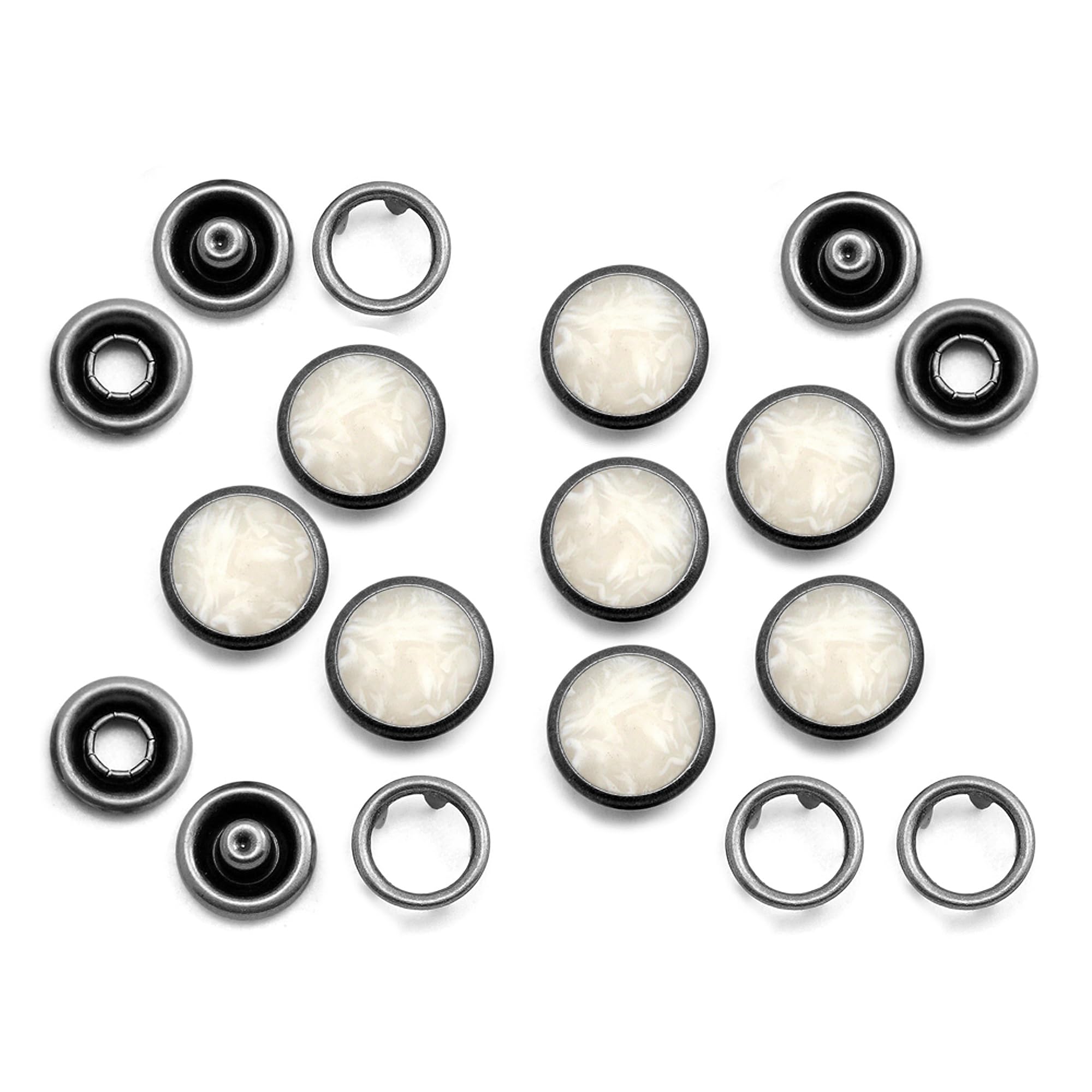 CRAFTMEMORE 20 Sets 12mm Pearl Snaps Fasteners Pearl-Like Prong Snap Button for Western Shirt Clothes Popper Studs - Black Rim Setting (12 mm, White