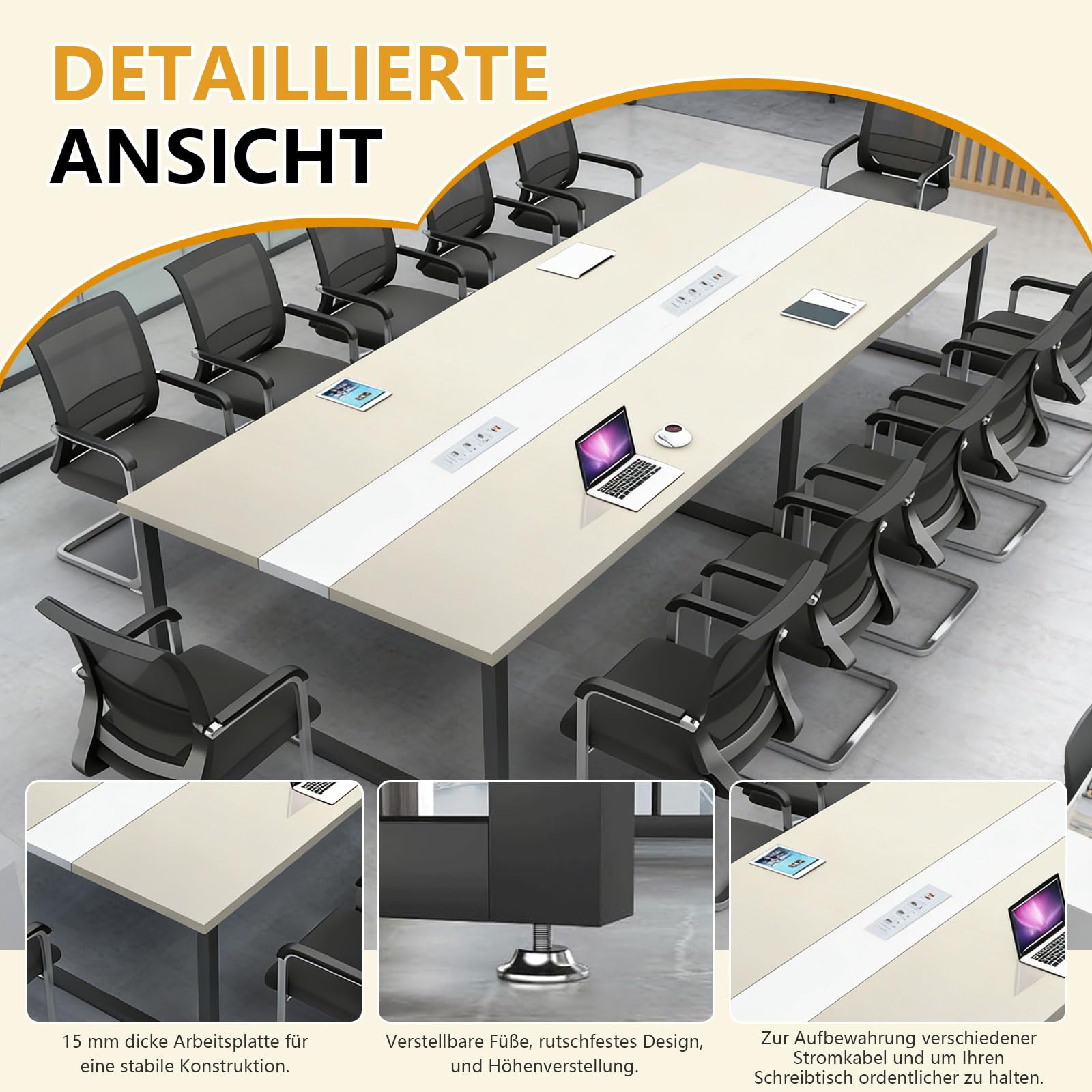 Konferenztisch mit Kabelmanagement und Kabeldurchführung, Großer Besprechungstisch Modern für Büro und Konferenzraum, Stabiler Meetingtisch Büro für Mehrere Personen, Professioneller Konferenztisch