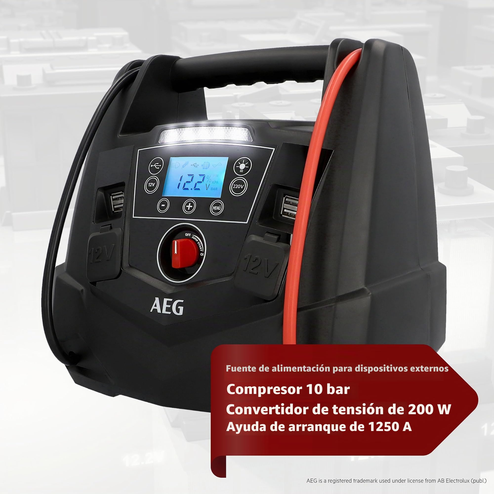 AEG - Estación de energía portátil de 12 V para Coche, con compresor de Aire, Transformador de 220 V, Enchufe, con 4 USB
