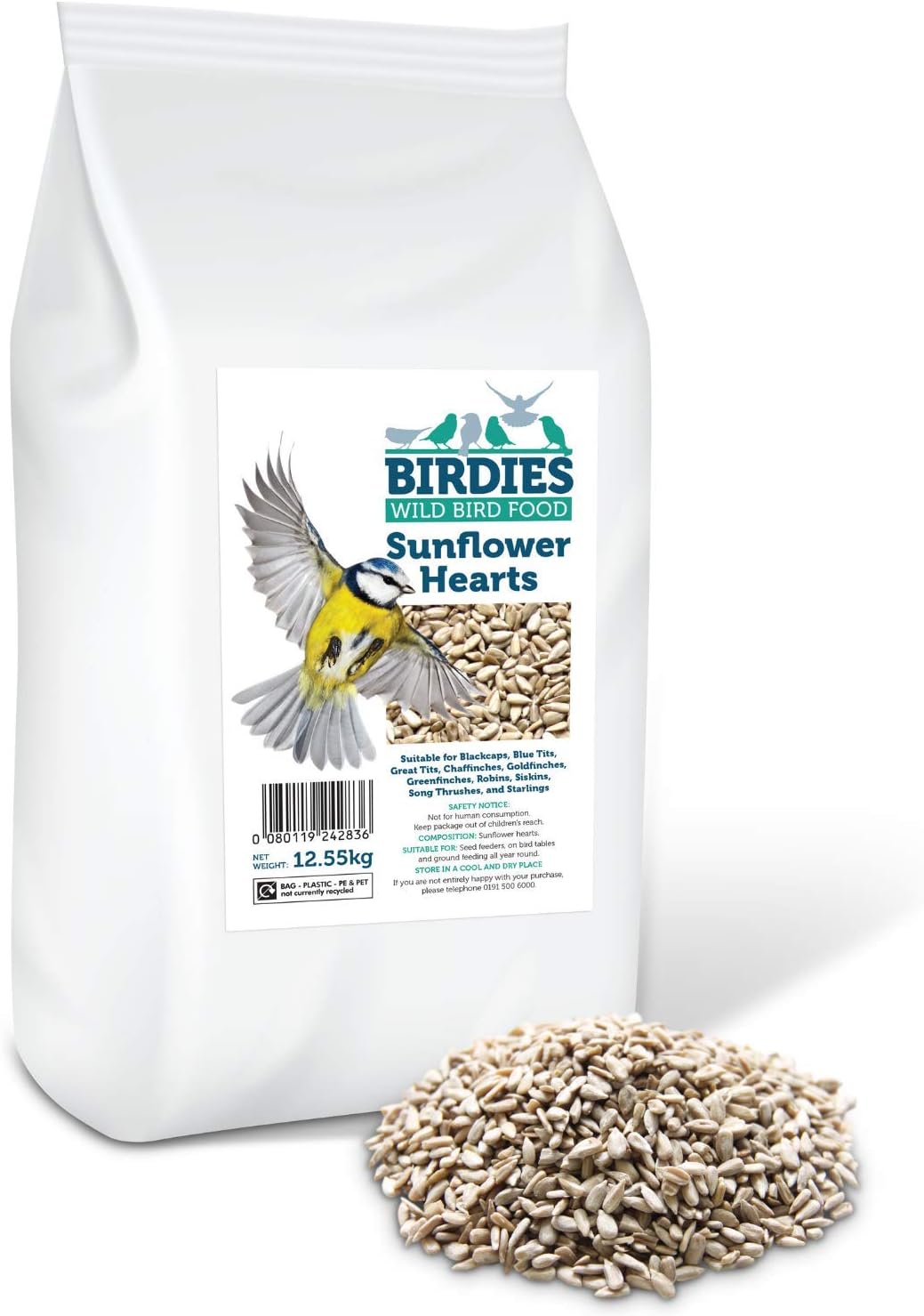 Birdies Sunflower Hearts- Bird Seed for Wild Birds -12.55kg Premium Husk Free Bakery Grade Kernels