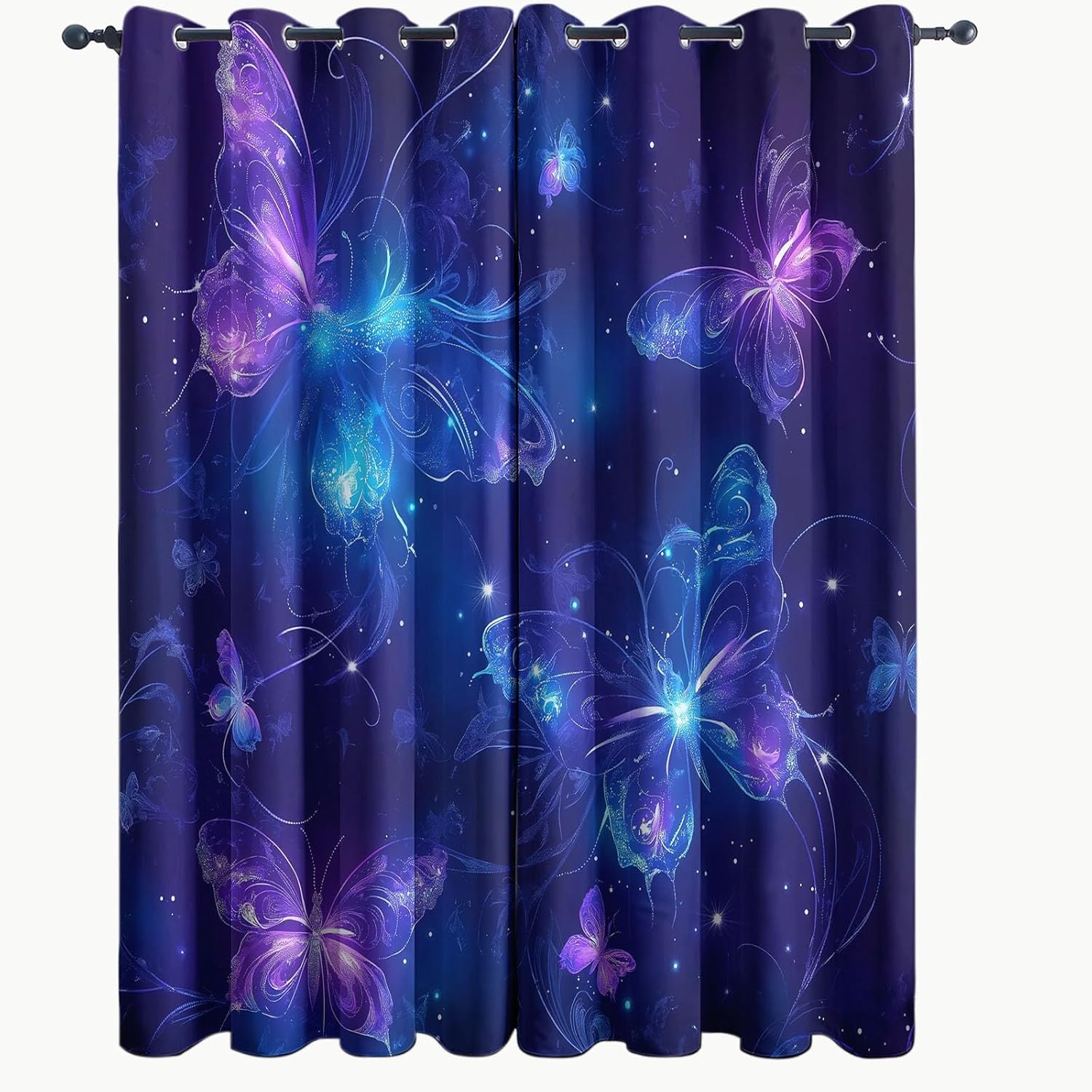 Blackout Curtains Bedroom Fantasy Style Glowing Butterfly Pattern, Geo-Thermal Insulated Energy Efficiency Window Treatment Sets Grommet Drapes for Kids Room 52" W x 63" L (Pack of 2), Purple Blue