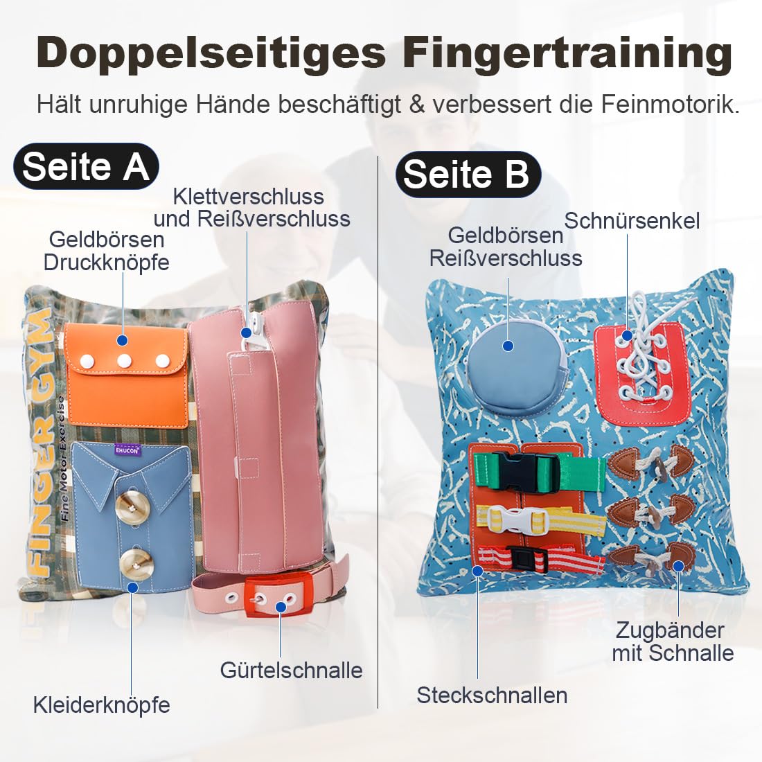 Nestelkissen für Senioren mit Demenz - Wasserdichtes Sensorik Kissen für Unruhige Hände & Motorik - Abwischbares Beschäftigungskissen mit Reißverschluss & Schnallen