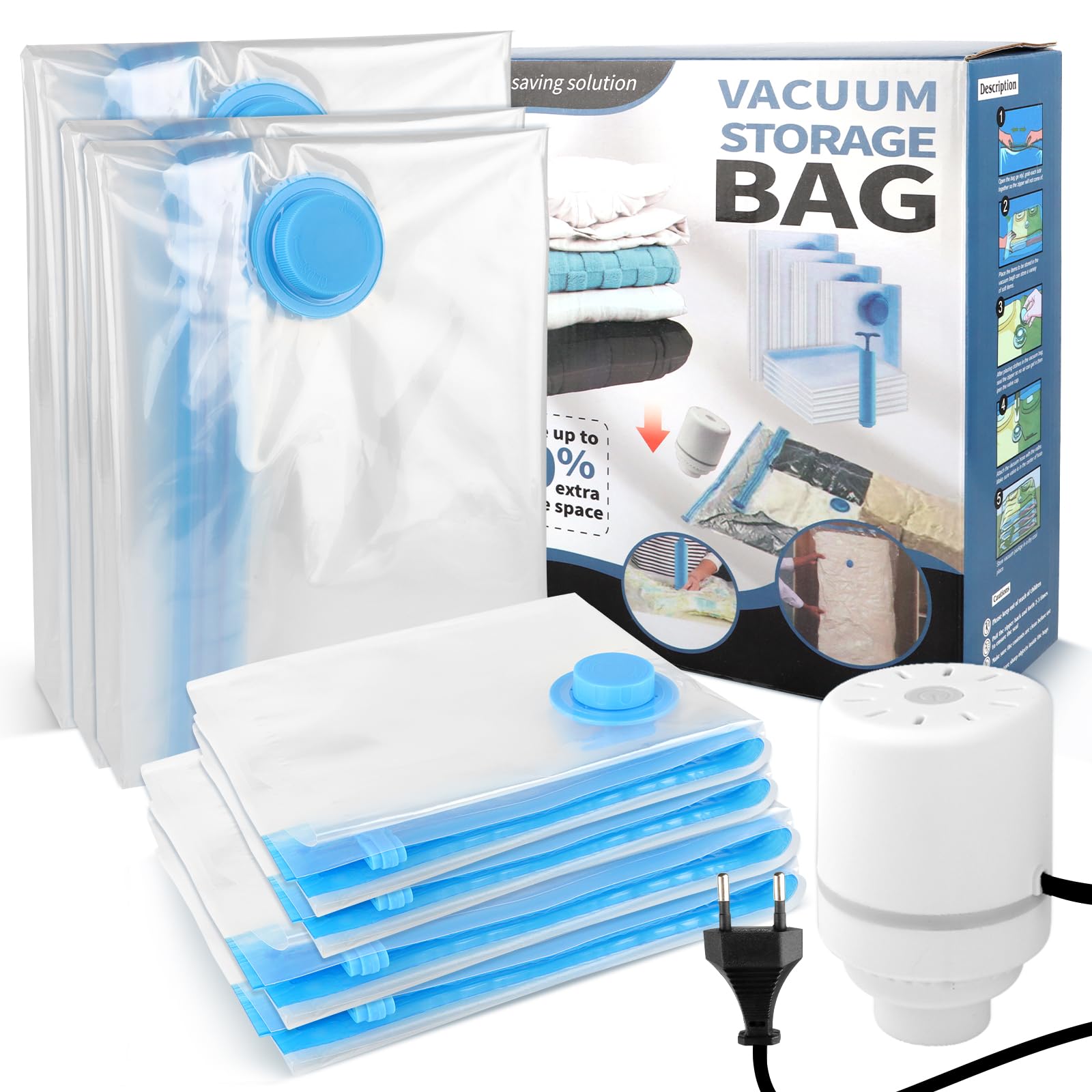 JOPHEK Vestito - Borsa sottovuoto per aspirapolvere, pompa USB, per riporre vestiti, piumini, biancheria da letto, 1XL+2L+2M+2S