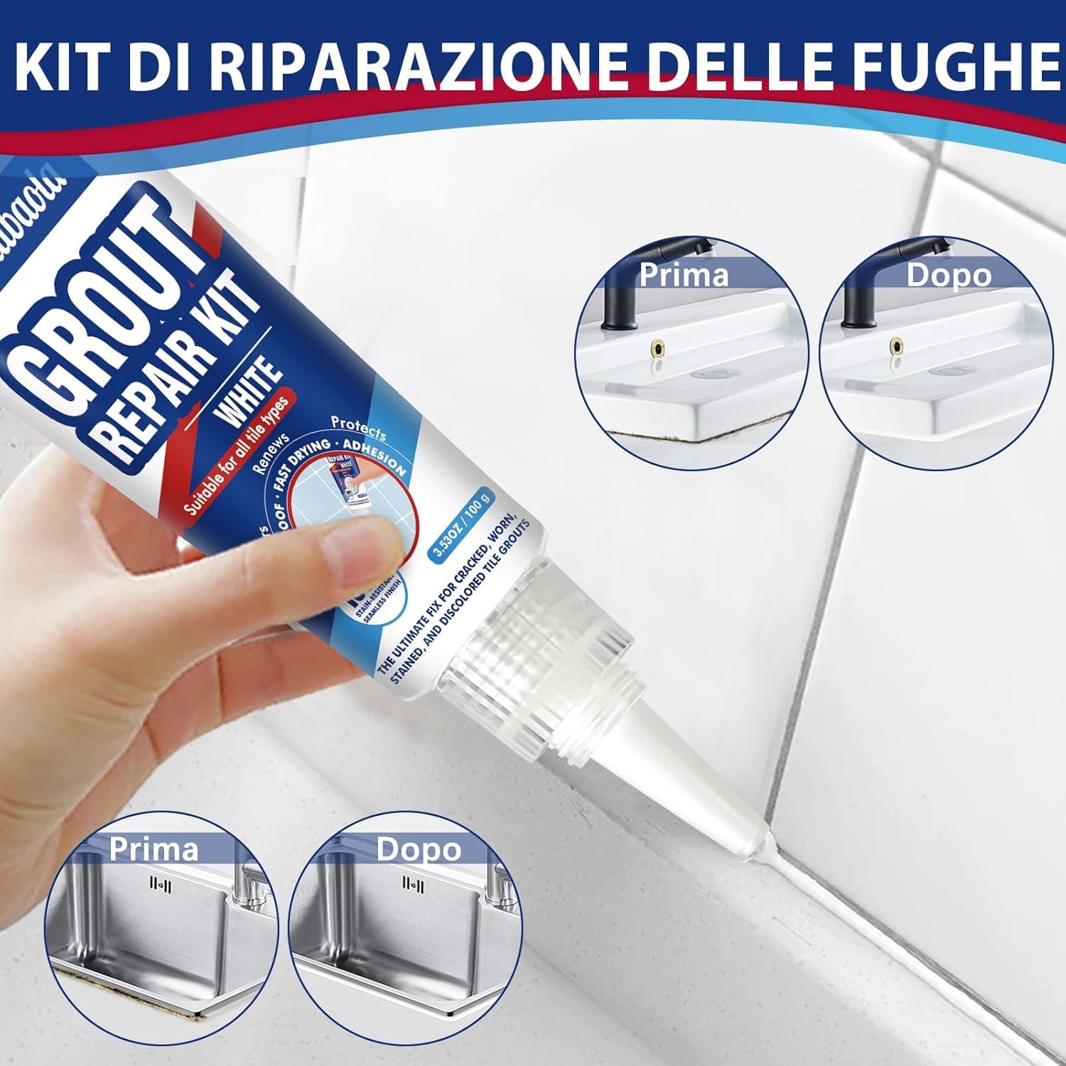 Riparazione Fughe Piastrelle Bianco, 2 Pack Kit Riparazione Piastrelle, Stucco per Piastrelle per Bagno e Doccia, Pavimenti e Pareti Cucina, Ripristina e Rinnova Giunzioni, Asciugatura Rapida