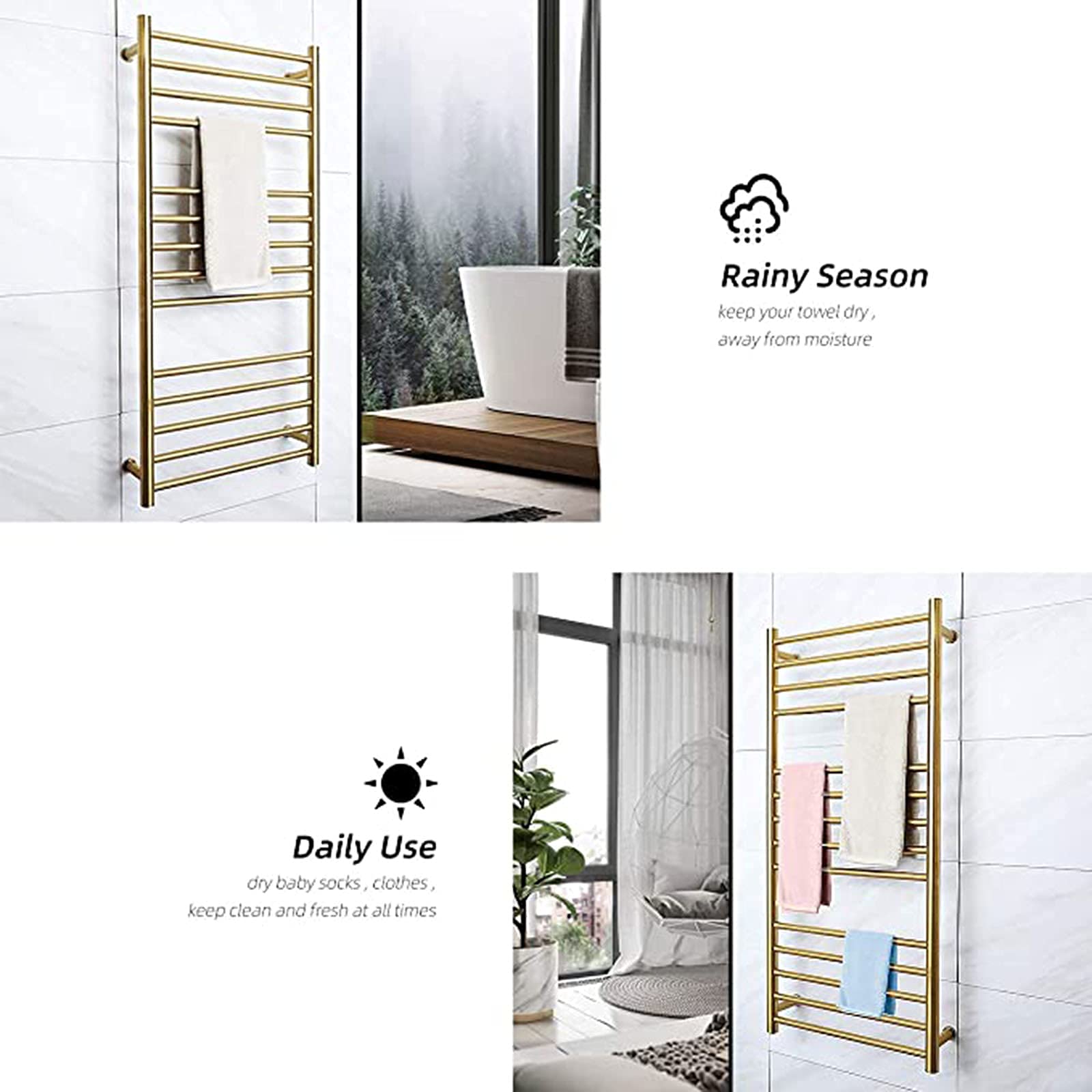 Radiador toallero eléctrico de Pared de Acero Inoxidable 304, con Funciones de Secado y Aislamiento, para toallero calefactado de baño (Gold-Hardwired)