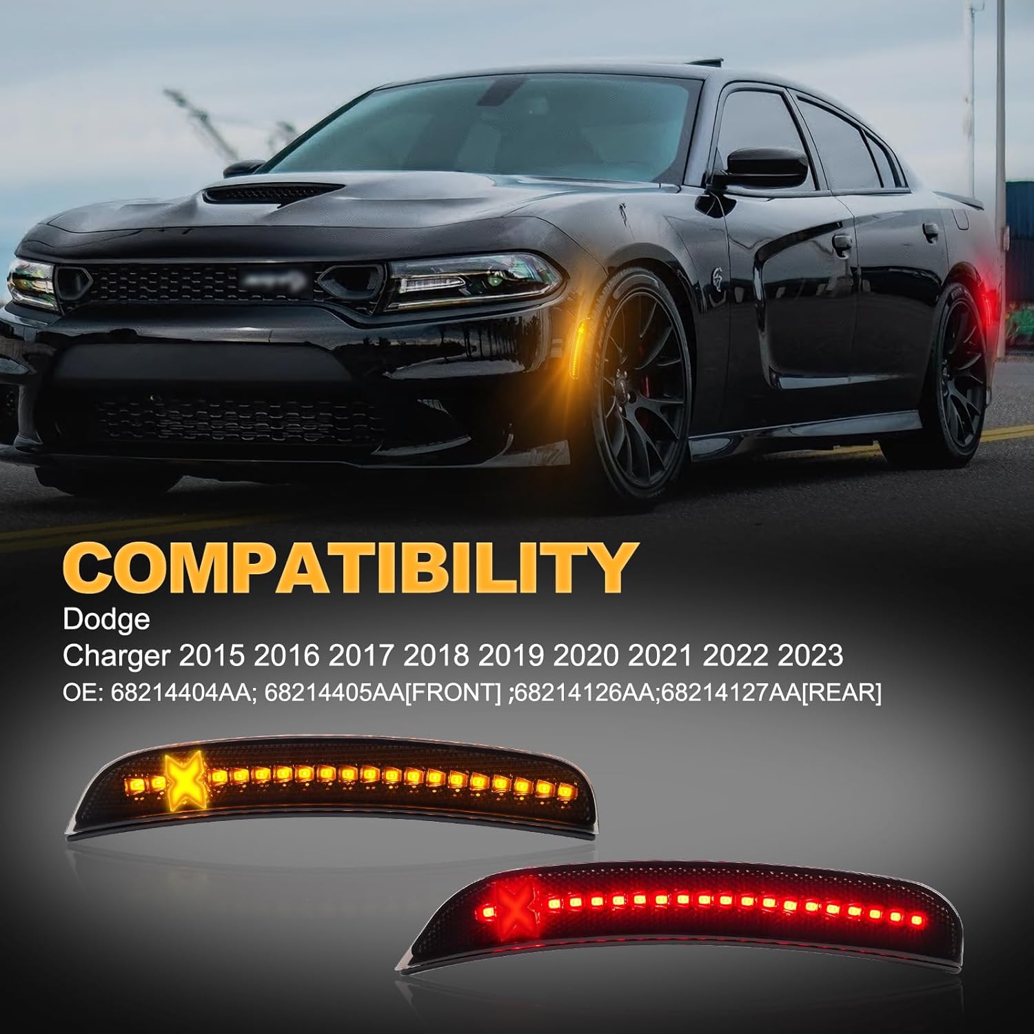 Gempro Xstyle LED Side Marker Lights Compatible with Dodge Charger LD 2015-2023 Front Rear Bumper Parking Signal Lamps Smoked Len, 4PCS (Front Amber Rear Red)