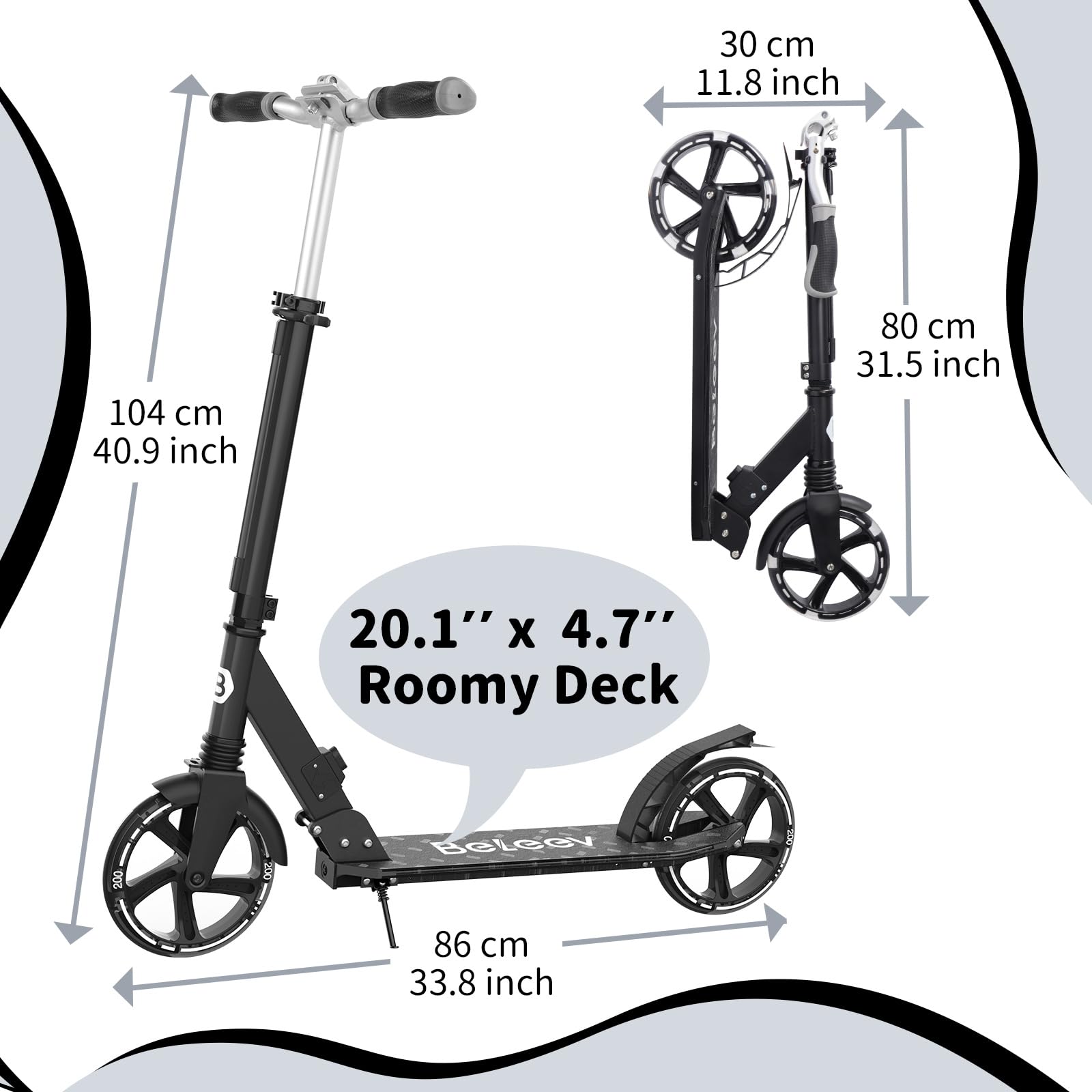 BELEEV V8 hulajnoga dla dzieci w wieku od 6 lat z podświetlanym trzonkiem i pokładem, składana hulajnoga z 2 kółkami, dla dorosłych i nastolatków, 4 regulowane wysokości, lekka hulajnoga sportowa