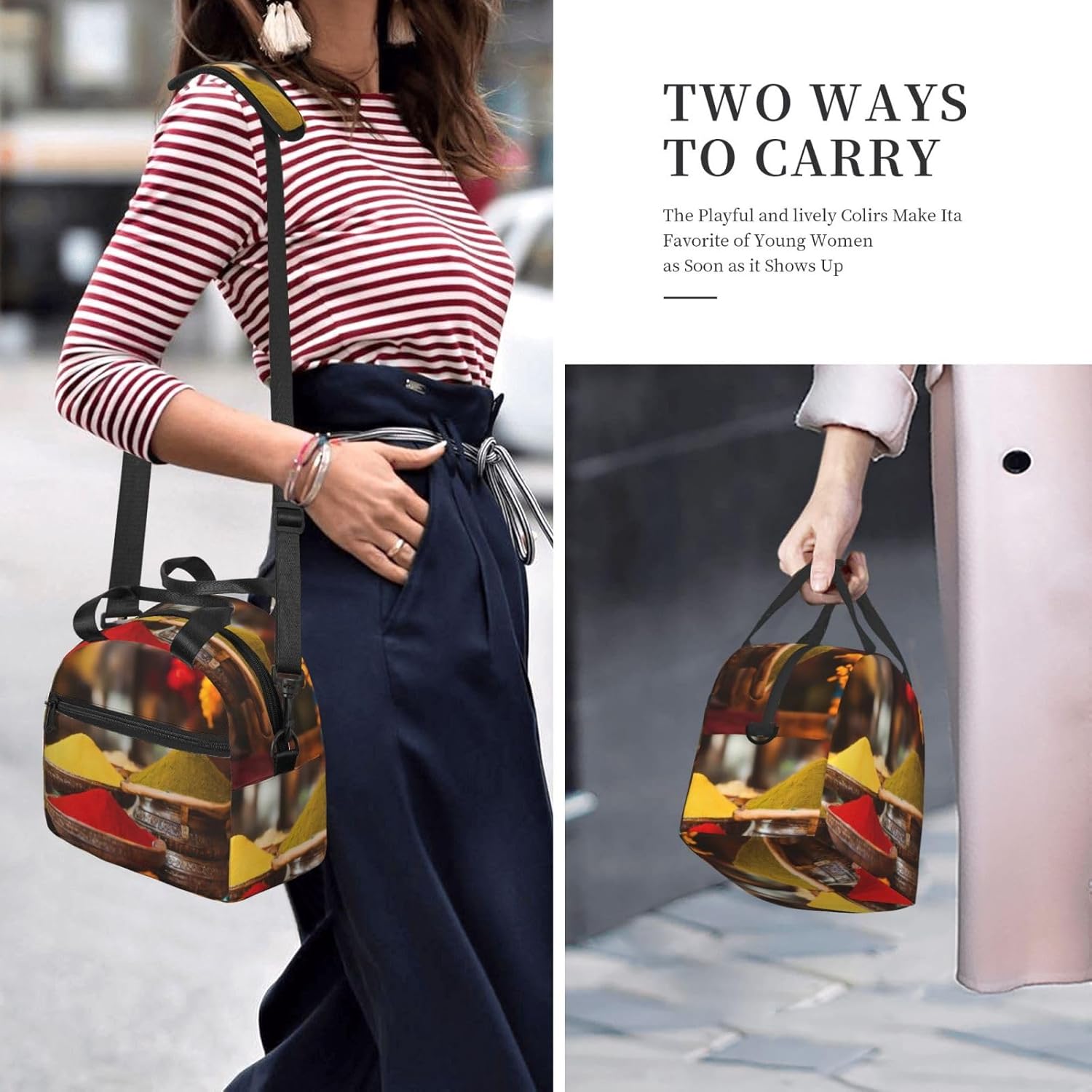 condiments Spices Print Reusable Lunch Bag Insulated Lunch Boxes for Office Work Picnic Tote Bag Adjustable