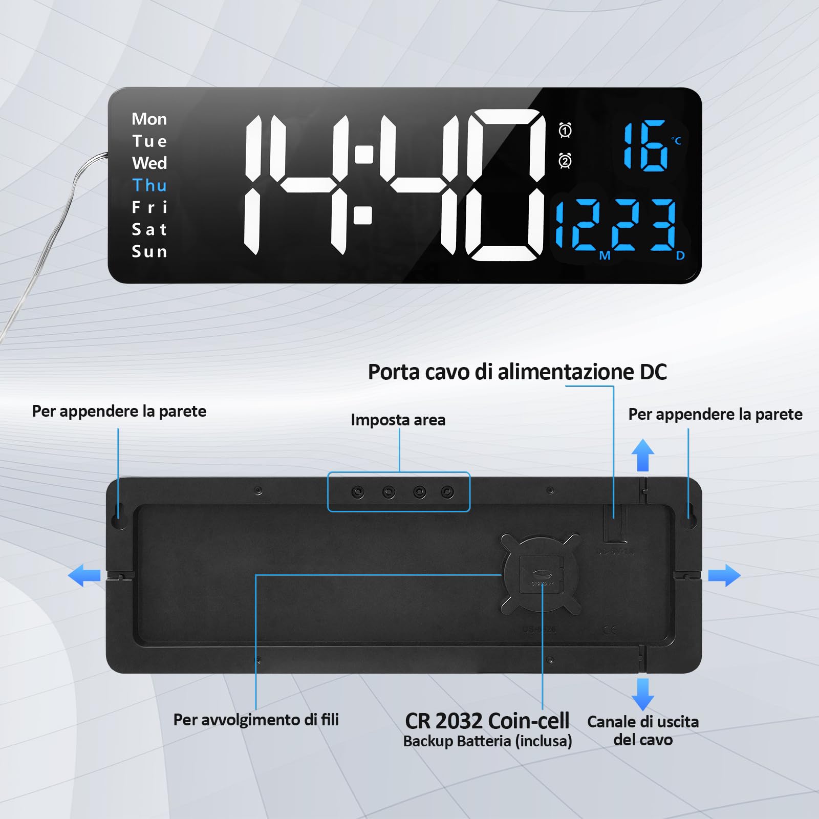 Orologio da parete digitale grande display, 16" orologio digitale con data di ora Temp settimana, timer, 12/24Hr, auto-dimming, per soggiorno/aula/palestra/chiesa/negozio/garage, blu