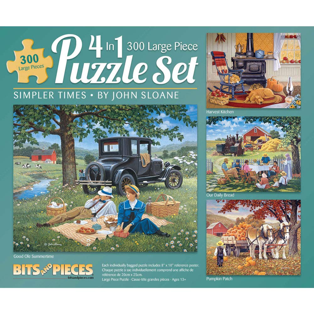 Bits and PiecesMulti Pack of Four (4) - 300 Piece Jigsaw Puzzles for Adults - 300 pc Simpler Times Set - Full Color Prints Included by Artist John Sloane