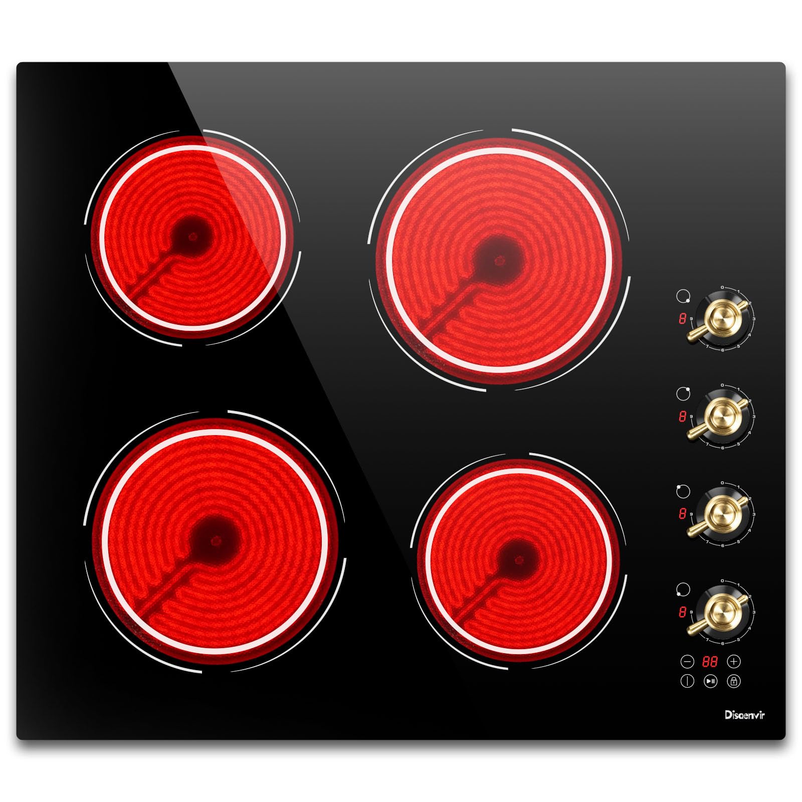 Kochfeld 4 Platten mit Drehknopf, Einbau Herdplatte 4 Kochfelder | Timer, Kindersicherung, 9 Leistungsstufen, 60 cm, 6000W