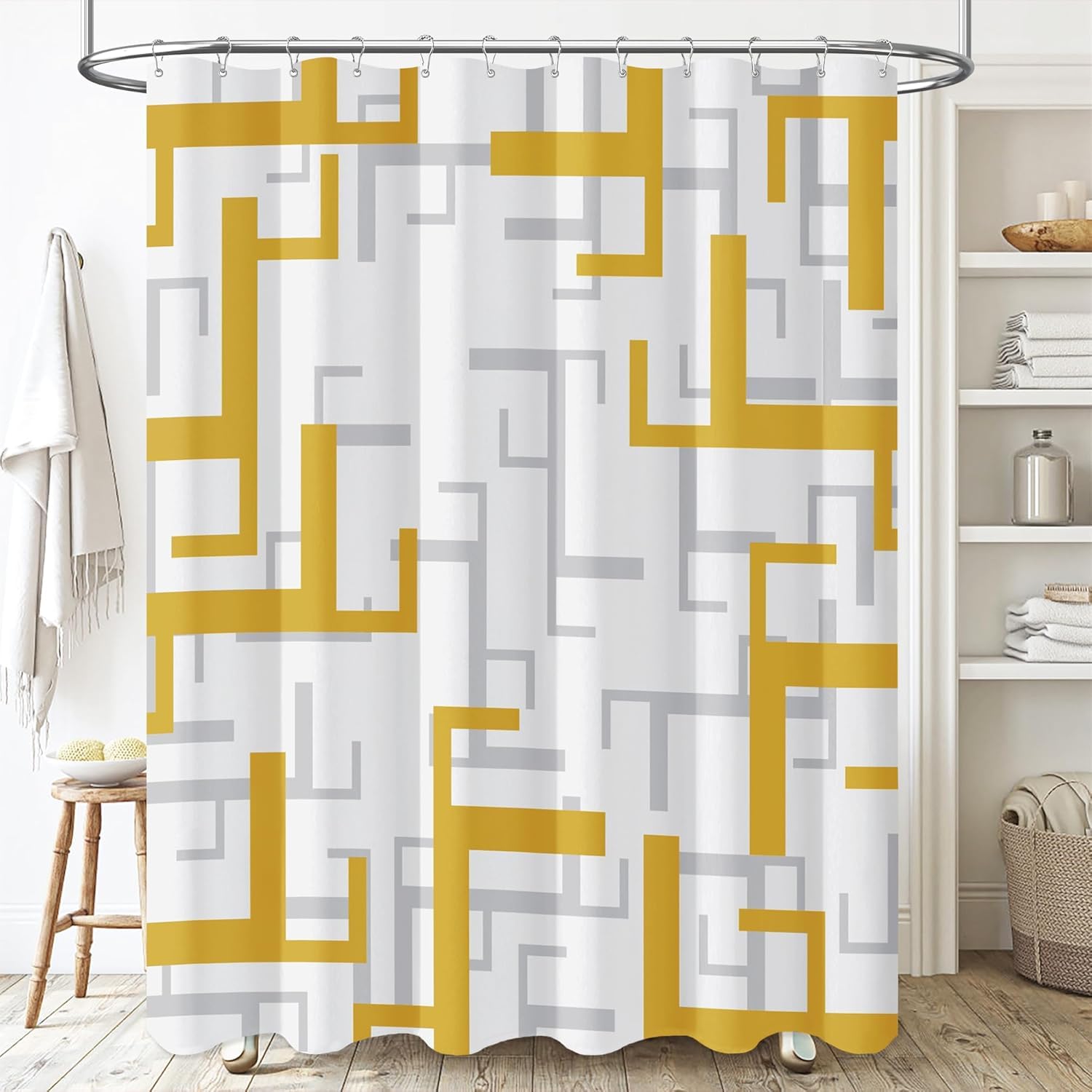 BTTN Long Shower Curtain, 72x78 Inches Geometric Fabric Shower Curtain Set with 12 Plastic Hooks, Large Hotel Modern Neutral Decorative Polyester
