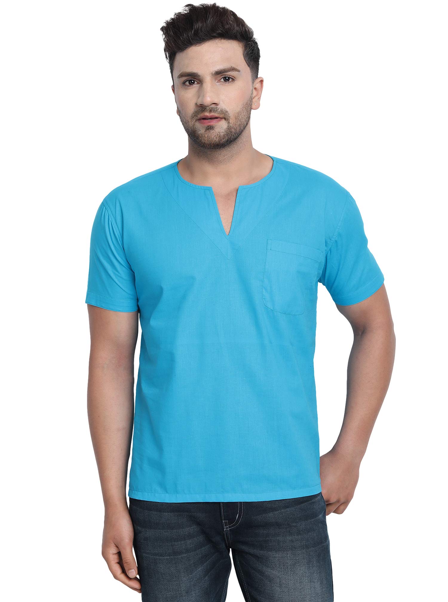 SKAVIJ Men's Cotton V-Neck Casual Short Kurta Top