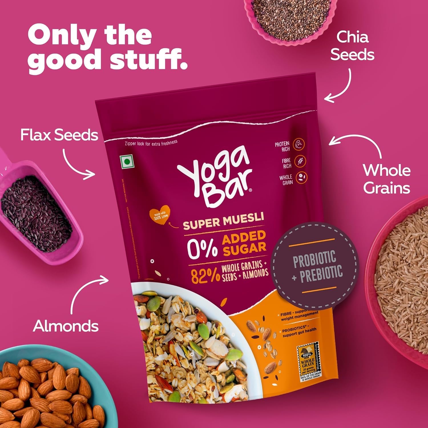 Yogabar Super Muesli, No Added or Hidden Sugar, Breakfast Muesli with Probiotics & Prebiotics, 82% Whole Grains+ Seeds+ Almonds, 400gm Each 2