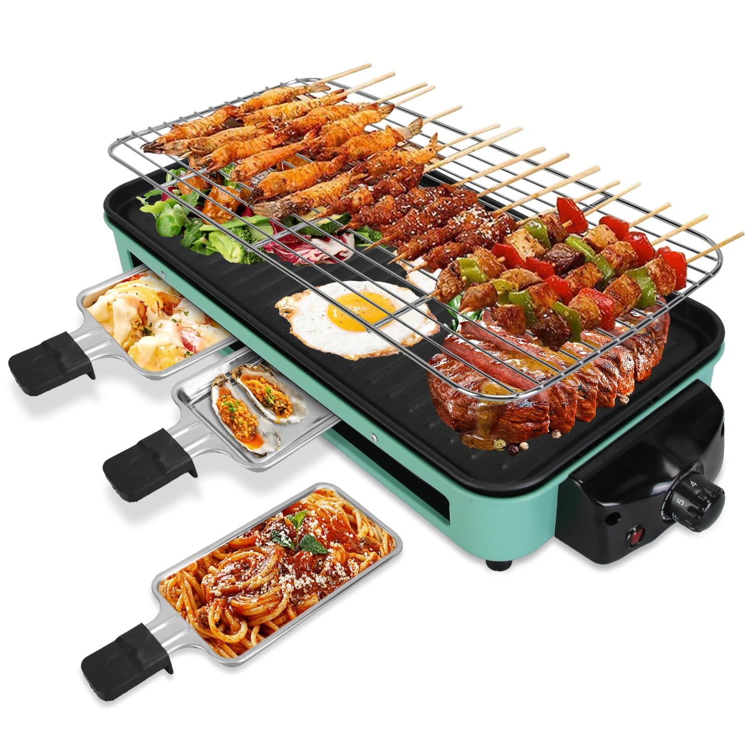KOCASO 2000W 2-in-1 Electric Indoor BBQ Grill with Removable Grill Net & Plate, 5 Temp Controls (176°F-392°F), 3 Small Trays, Dishwasher Safe