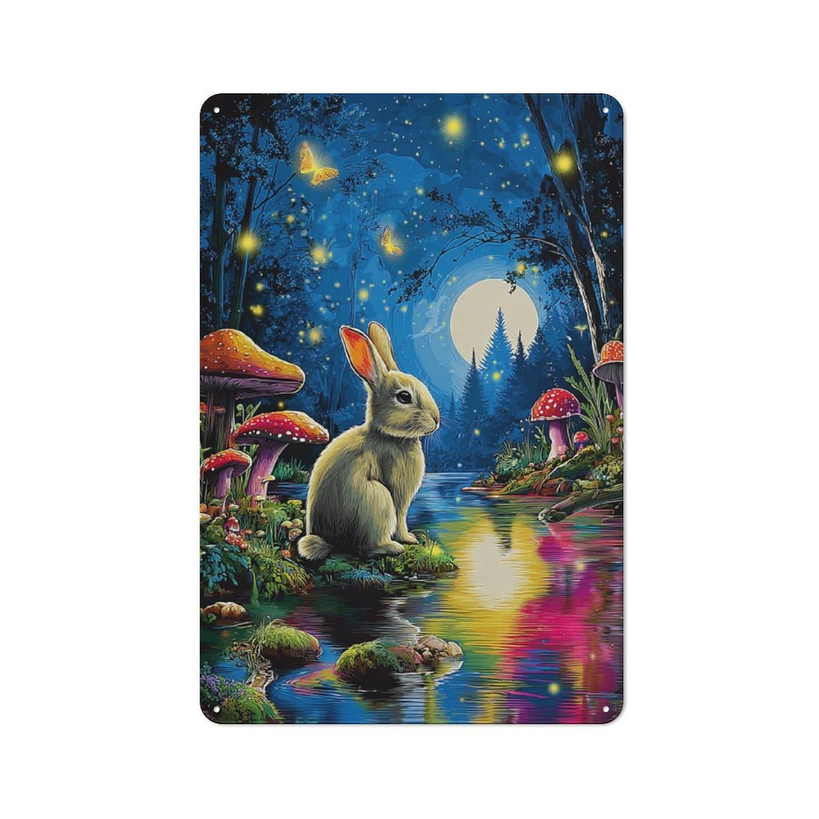 Junmoney Enchanted Forest With Moonlit Rabbit Decorative Metal Wall Decor 30X20cm, Vintage Metal Sign For Hallway, Home Bar, Garage Or Study