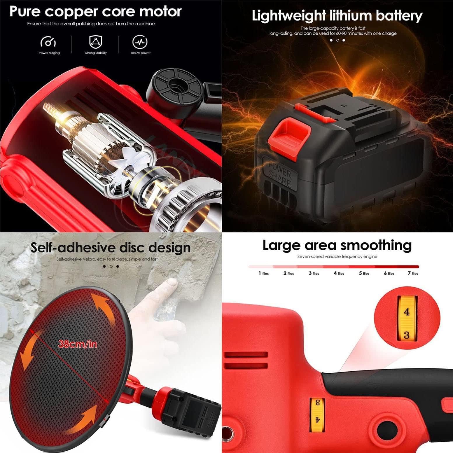 Lijadora eléctrica para paneles de yeso, lijadora de pared de velocidad variable de 1680 W, 200 r/min para techo, pared, cemento, mortero, tierra, con disipación de calor porosa y disco adhesivo
