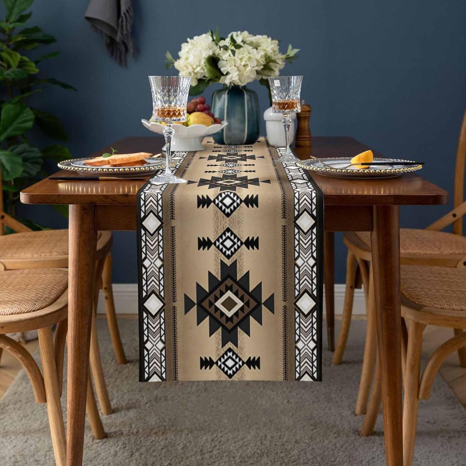Native American Southwest Ethnic Style Table Runners - 60 Inches Long,Burlap Linen Table Runner Dresser Scarves Geometric Tribal Abstract Art Tabletop Scarf for Dining Room Kitchen Holiday Party
