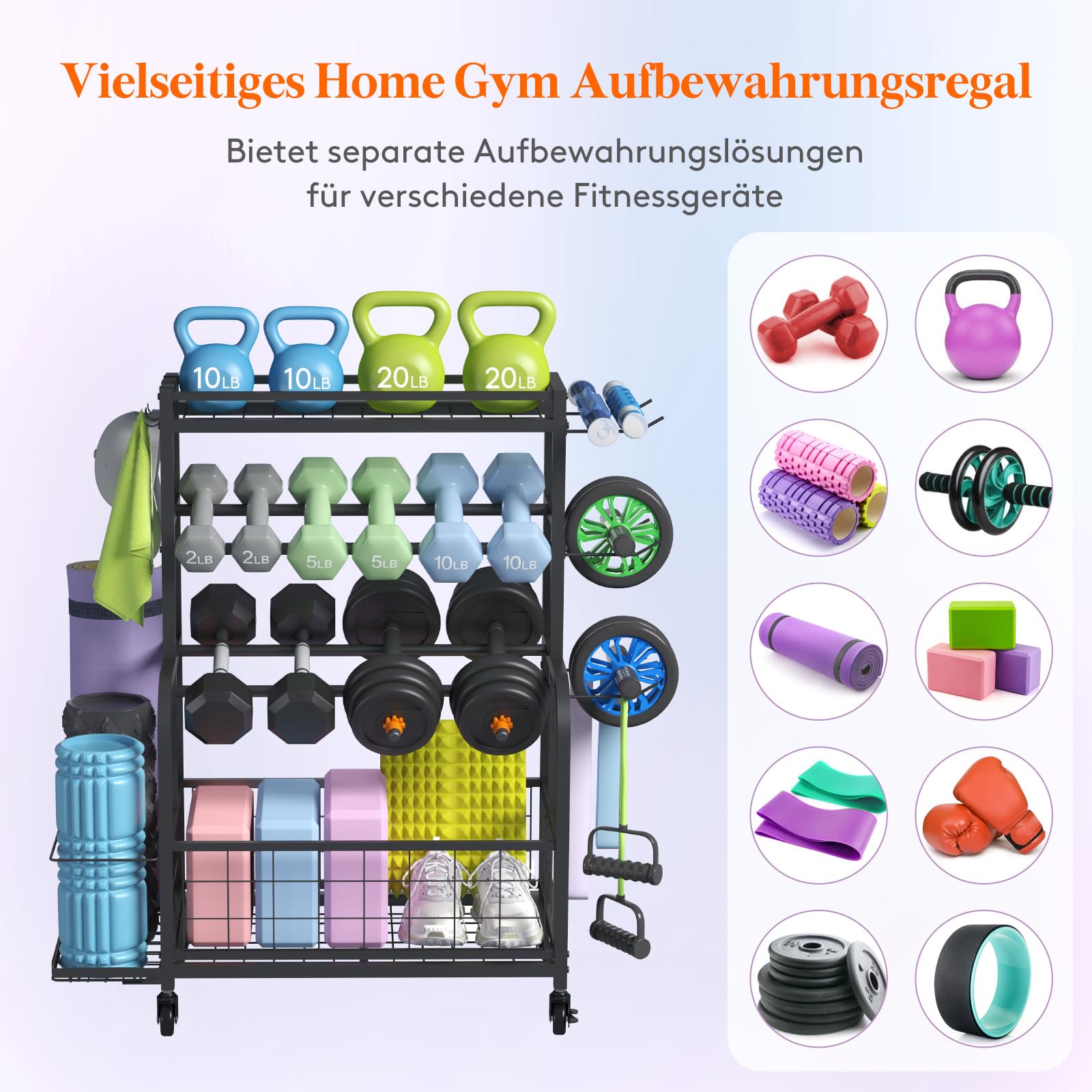 Lifewit Hantelständer für Home Gym, Hantelablage mit Abschließbare Universal-Räder und Haken, Kettlebell Rack, Yoga-Mattenhalter, Hantelregal für Krafttraining, Gewichtsregal für Haus, Garage, Mittel