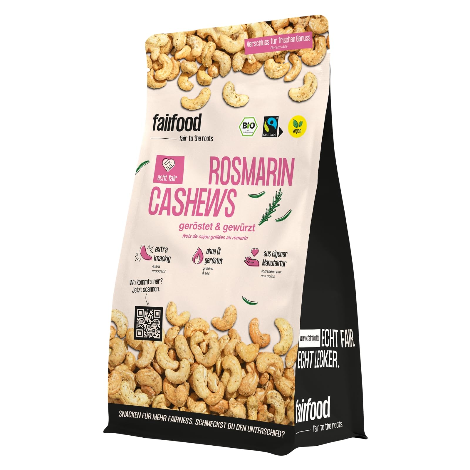 fairfood Bio Cashewkerne Rosmarin & Thymian 500g - Geröstet in Freiburger Manufaktur - fair geknackt im Anbauland - aus kontrolliert biologischer Landwirtschaft