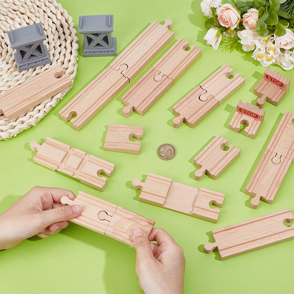 OLYCRAFT 20pcs Wooden Train Track Railway Track Expansion Straight and Stop Trains Tracks Intersection Cross Tracks Gray Bridge Piers Compatible with Most Railway Trains for Table Activities Games - Image 3