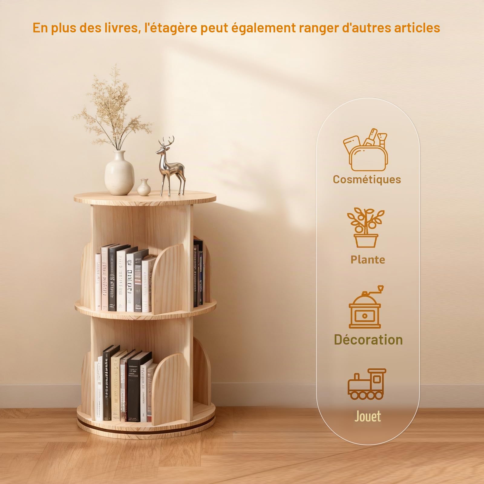 Bibliothèque rotative à 2 étages en bois massif - Étagère debout à 360° - Étagère à livres multifonctionnelle - Étagère de rangement pour enfants et adultes - Diamètre 39 cm - Hauteur 67 cm