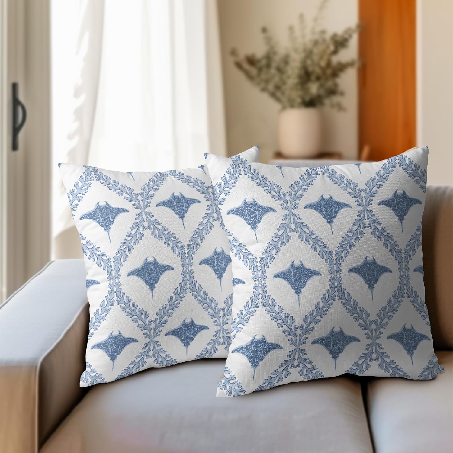 Coastal Pillow Covers 24x24 Inch Set of 2 Ocean Manta Ray Pattern Decorative Baby Blue White Pillowcases Outdoor Beachy Throw Pillow Covers with Zipper for Sofa Bed Chair Living Room Home Decor