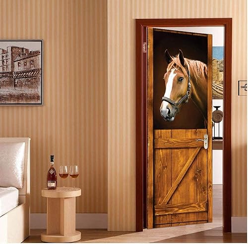 Miniatura 5 de Murales 3D de caballo en el establo para puerta, calcomanías adhesivas para despegar y pegar, calcomanías de vinilo extraíbles HD para decoración de
