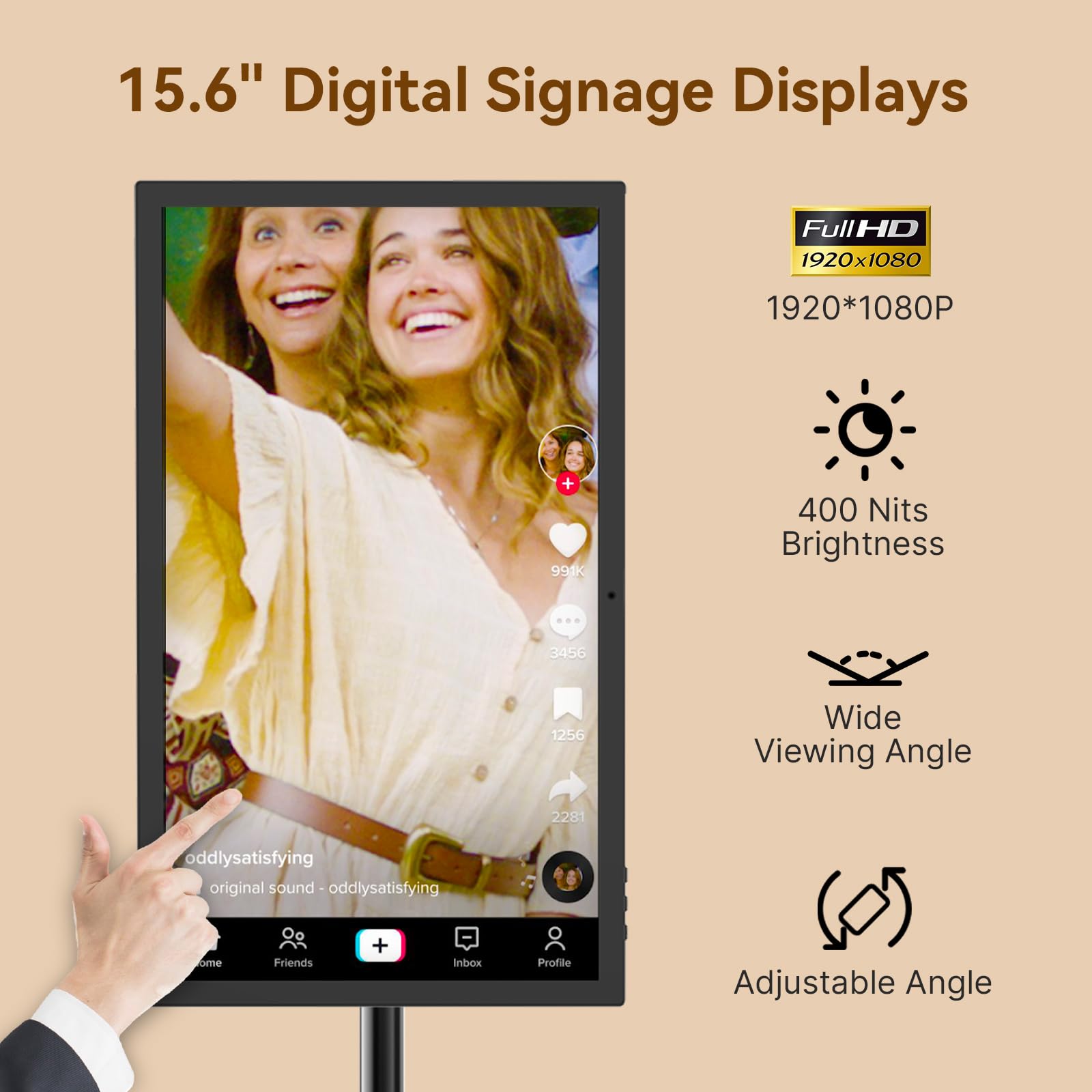 Pantallas publicitarias de señalización digital de 15.6 pulgadas con soporte ajustable, monitor de pantalla multitáctil capacitivo con pantalla de cámara que refleja la gestión de la nube CMS,