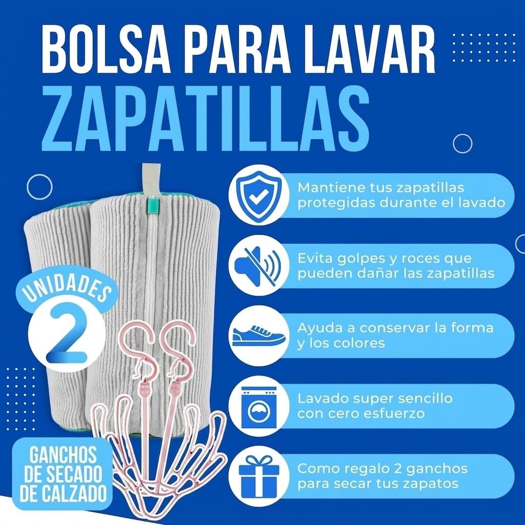 2Piezas Bolsa para Lavar Zapatillas En Lavadora + 2 Ganchos para Colgar Zapatilas | Bolsa Lavadora Zapatillas | Resistente para Proteger Calzado | Ideal para Lavado Seguro. (Grises)