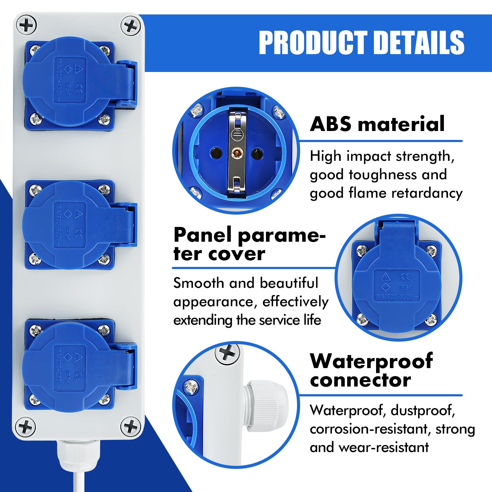 Distribuidor de Enchufes de Pared Caja de Distribución Tomas Schuko 3 x 220V IP54 Distribuidor de Pared 16A con Cubierta Protectora Individual para Talleres, Interiores y Exteriores