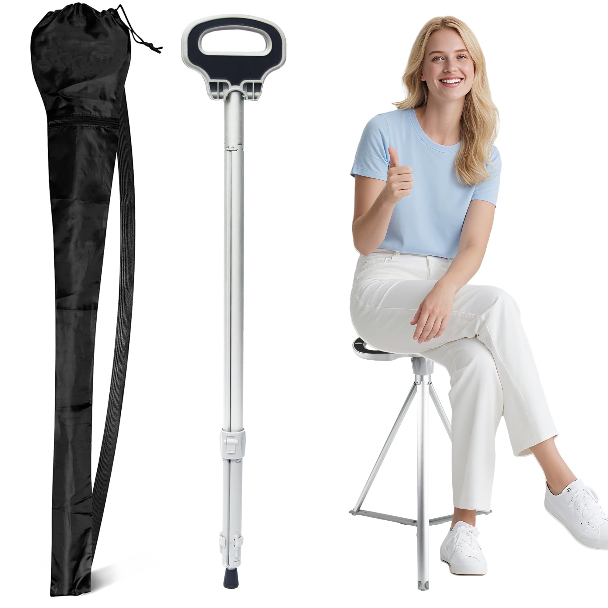 ALEVMOOM Walking Cane with Seat Folding Lightweight, 2-in-1 Cane Stool for Adults, Aluminum Walking Stick with Seat, Portable Stool for Senior, with Carry Bag