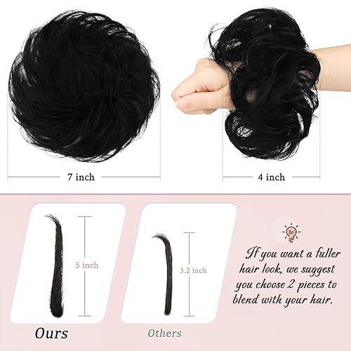Miniatura 4 de RUWISS Moño desordenado, pieza de cabello humano con coleteros para mujer, extensiones de moño (negro)
