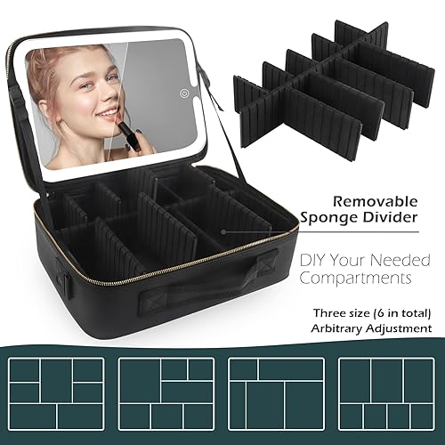 Vista 125 de MOMIRA Bolsa de maquillaje de viaje, bolsa de cosméticos, bolsa organizadora de maquillaje con espejo iluminado, brillo ajustable en 3 escenarios