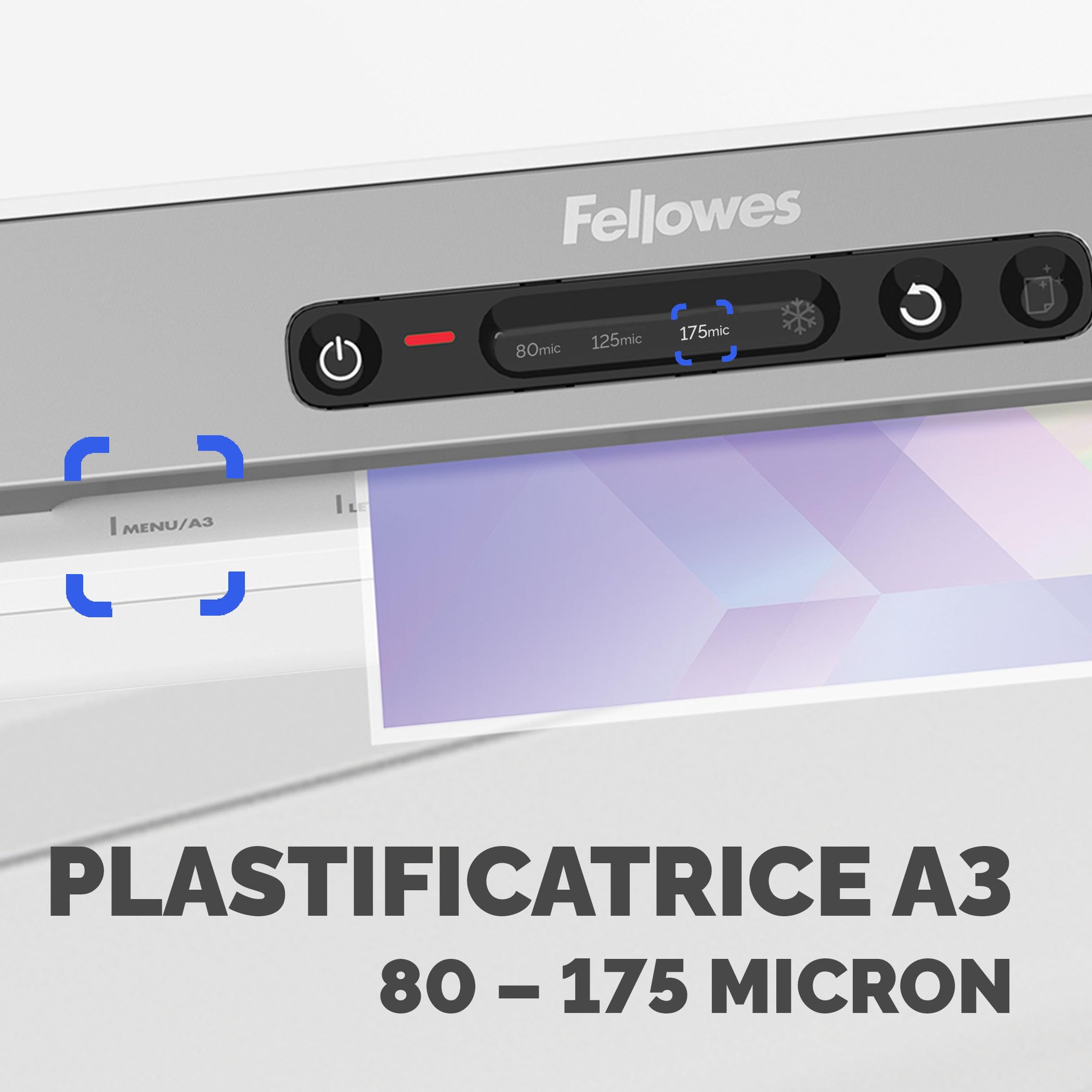 Fellowes plastificatrice a caldo Amaris A3, formato A3, fino a 175 micron, per casa e ufficio, riscaldamento rapido, con retromarcia e modalità riposo, 6 rulli, incluso starter pack di 10 pouches