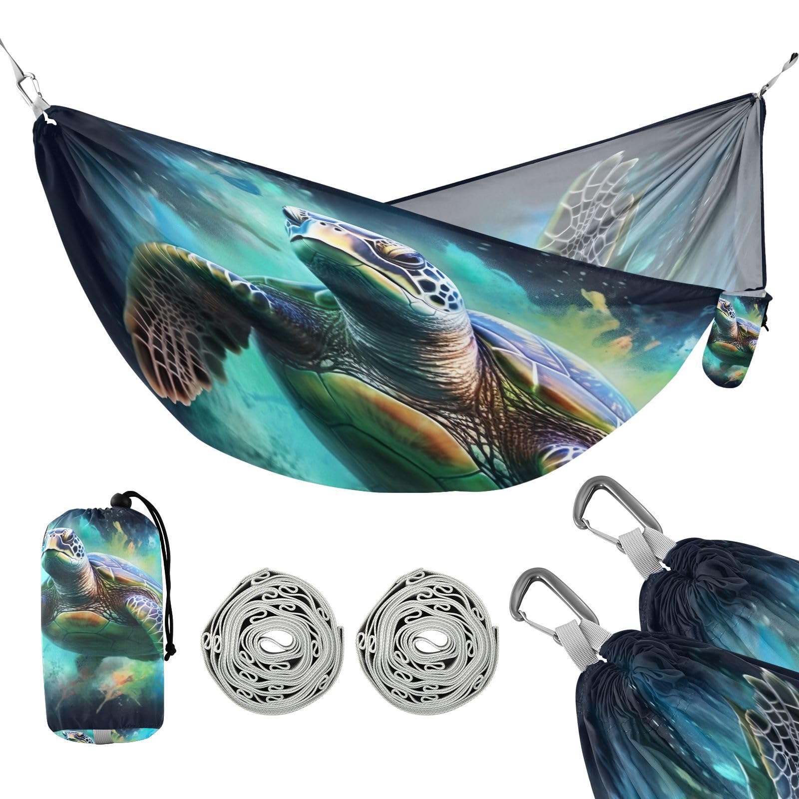 SDMKA Green Sea Turtle Camping Hammock, 330 lbs with 2 Tree Straps, Carry Bag, Single Portable Hammock for Outdoor/Indoor, Hiking, Beach, Backpacking, Travel