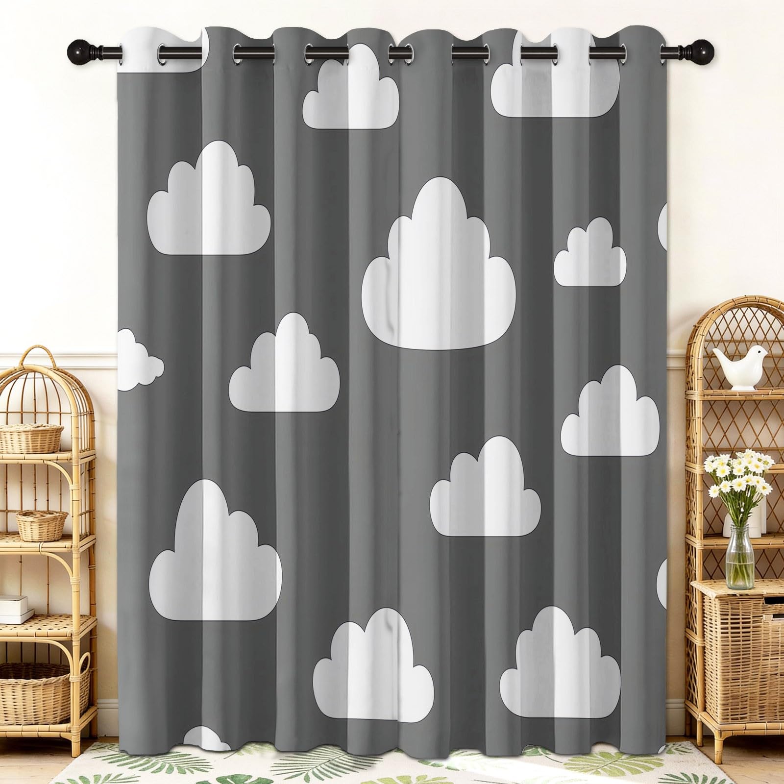 Rideau Occultant Isolants Thermiques À Oeillets Nuages Minimalistes, 140 x 260 cm Lot de 2 Rideaux Thermiques Isolants Anti Froid Imprimé pour Salon Chambre Bebe Enfant, Blanc