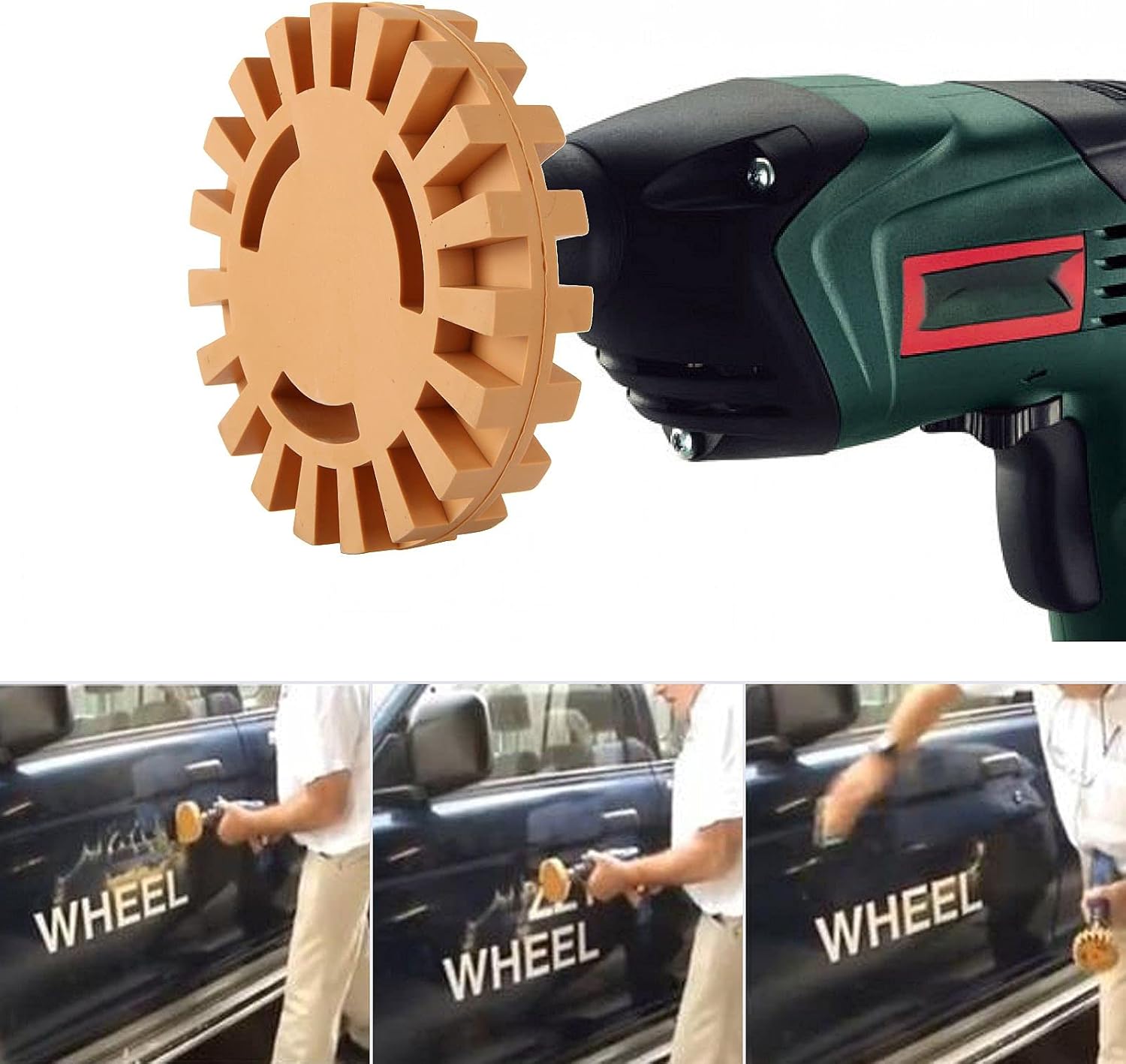 MIVIDE 4PCS Decal Remover Eraser Wheel Tool Kit, 4inch Rubber Power Drill Attachment Car Adhesive, Pinstripe, Sticker, Vinyl Removal Tool Set with Drill Adapter for Cars, RV, Boats