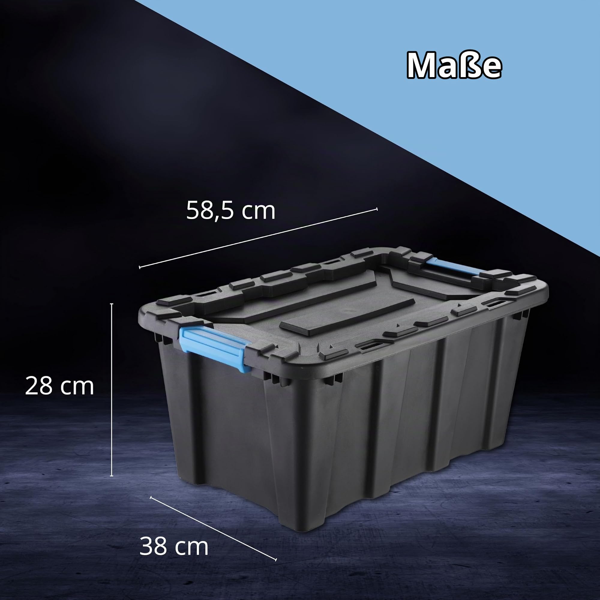 IDEA HOME TechBox HD 40L Aufbewahrungsbox mit Deckel – Schwerlast-Stapelbox, Werkzeugkiste, Organizer-Box aus robustem Kunststoff in Schwarz, Set mit 5 Stück