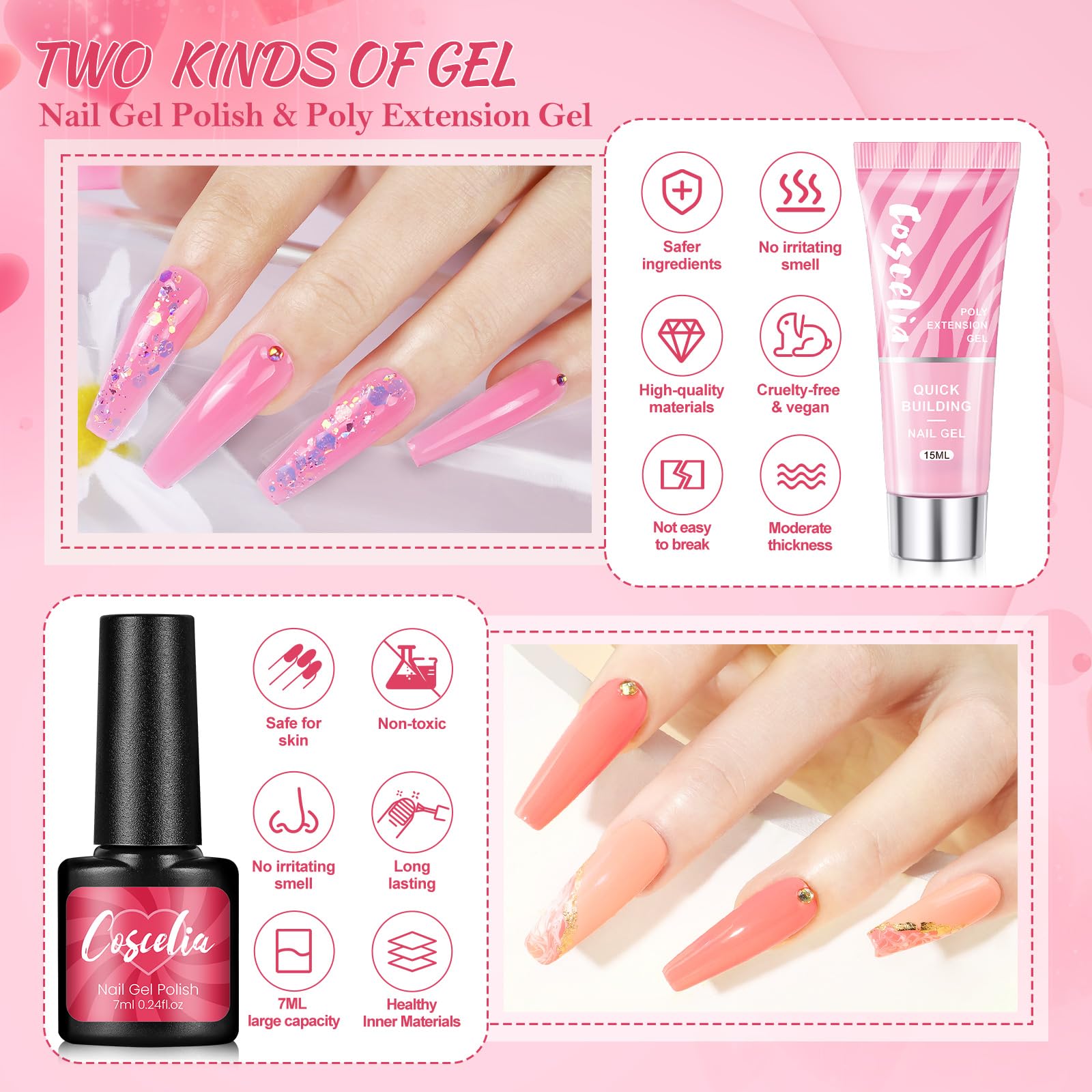 COSCELIA Zestaw lakierów do paznokci, 15 sztuk, żelowy lakier do paznokci z lampą 36 W U V/LED, 3 szt. Poly Nail Extension Gel, wiertarka do paznokci maszyna Top & Base Coat Nail Art dla
