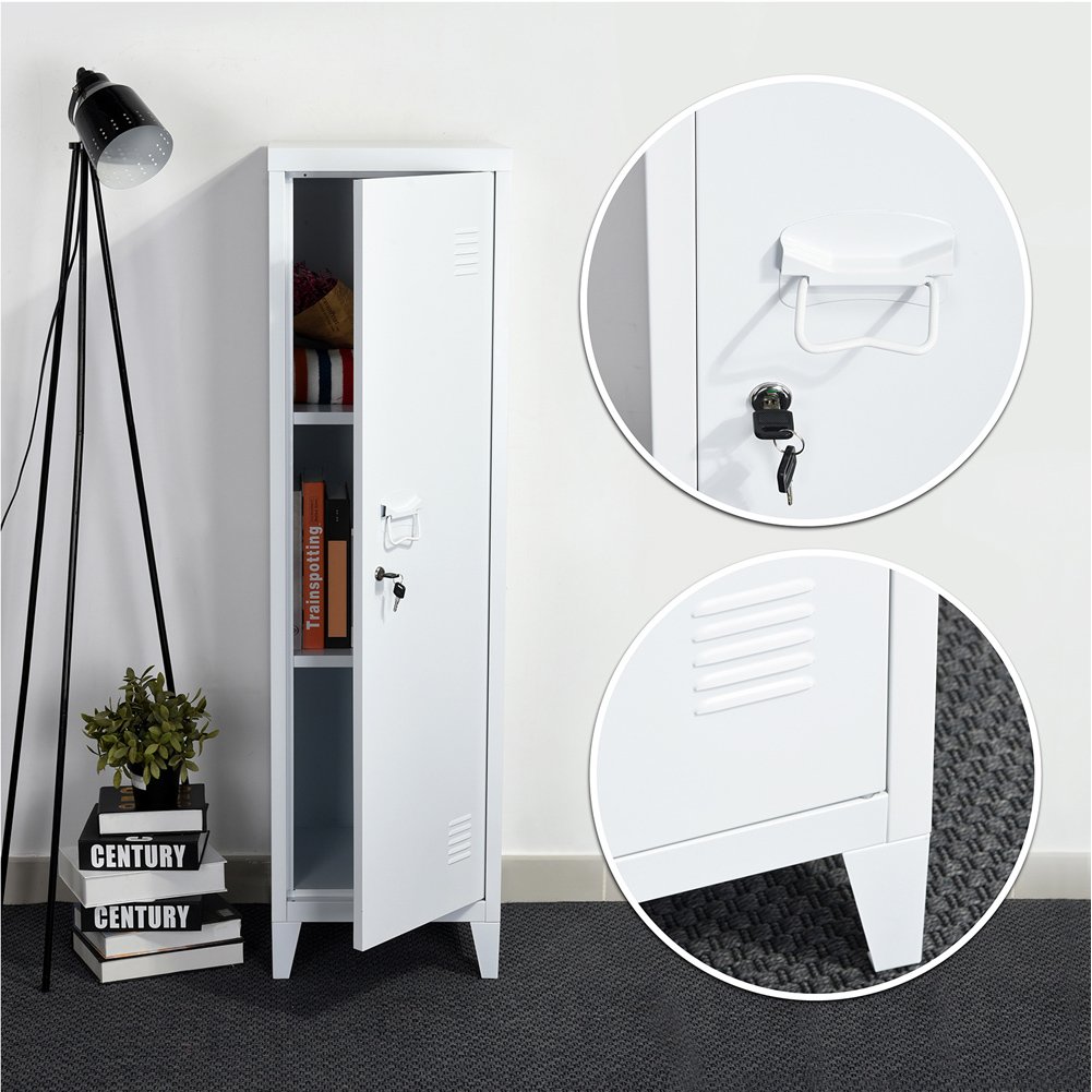 Bakaji - Armoire vestiaire métallique à casiers verrouillables, Porte avec Fermeture à clé, 3 Compartiments intérieurs, Dimensions 138 x 38,5 x 38,5 cm, Blanc
