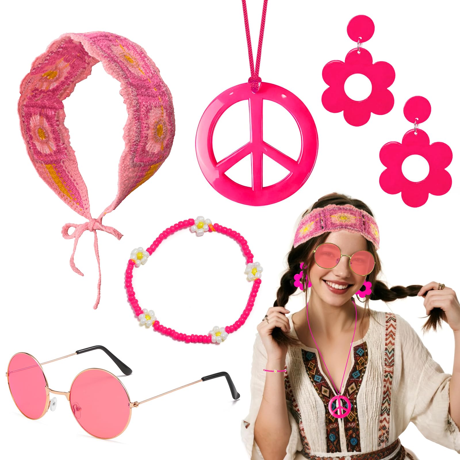 Hippie Accessories Set for Women, 5PCS 60s 70s Fancy Dress Costume Include Flower Knit Headband, Wristband, Hippie Sunglasses, Peace Sign Necklace and Earrings Flower Power Fancy Dress (Rose Red)