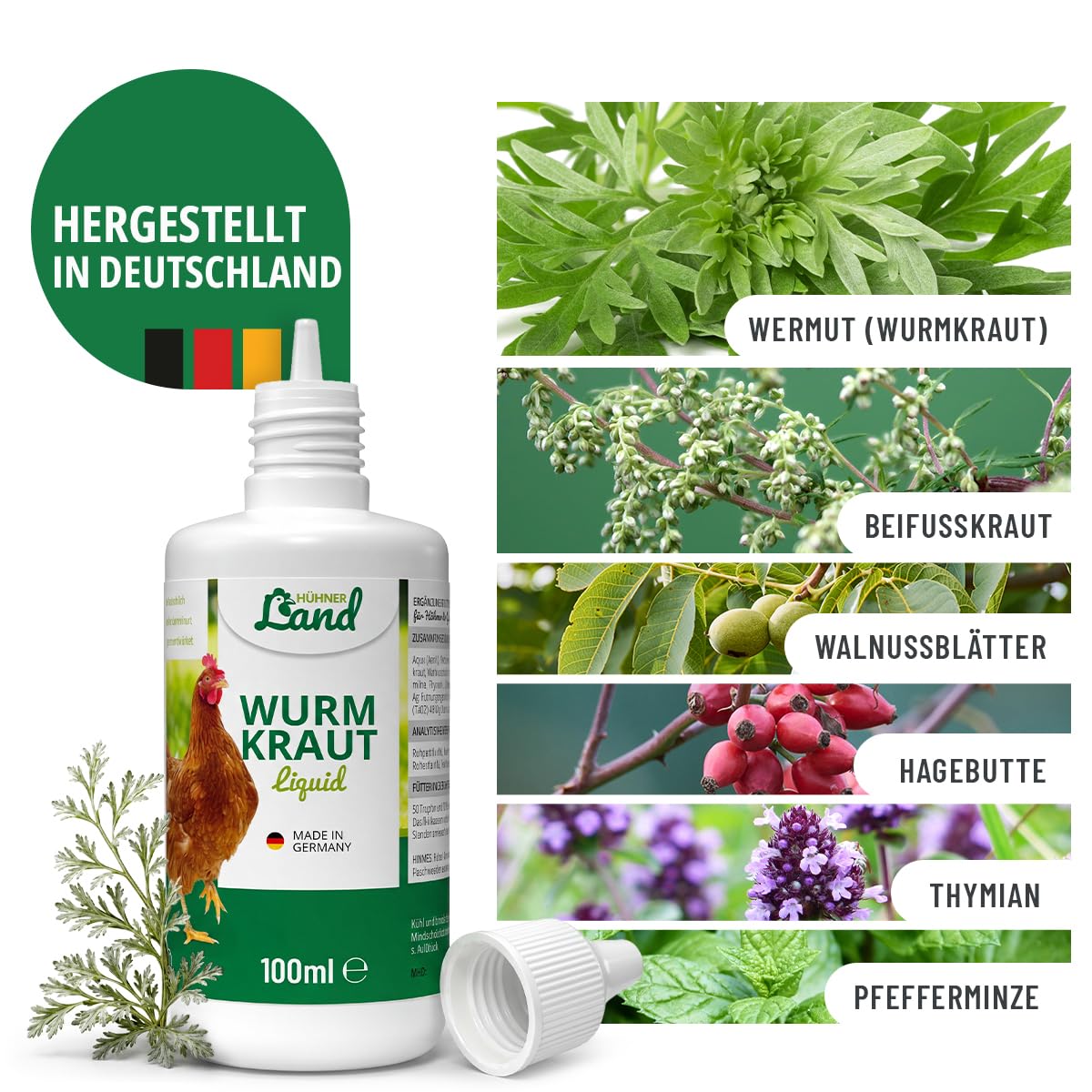 Test très bien 2026 HÜHNER Land Herbe vermifuge liquide 100 ml – pour poules et volailles, avec véritable vermifuge (Artemisia Absinthium) dans une formule végétale à base de recettes, convient pour