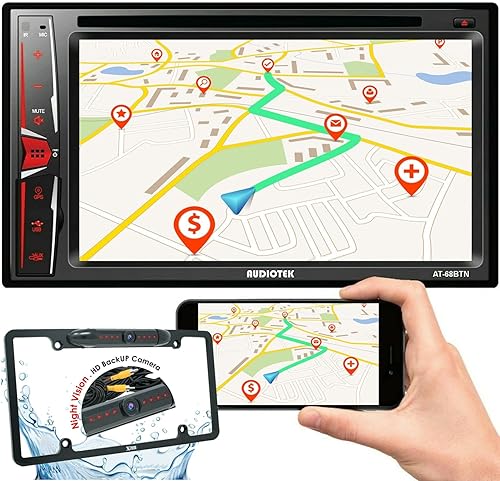 Audiotek 68BTN - Coche doble DIN de 6.2 pulgadas, salida de 200 vatios, DVD, CD, pantalla táctil, enlace de espejo para Android y iPhone con cámara