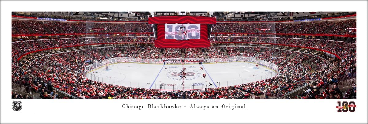 Chicago Blackhawks, Centennial Season Face-Off - Double Mat, Deluxe Framed NHL Print by Blakeway Panoramas