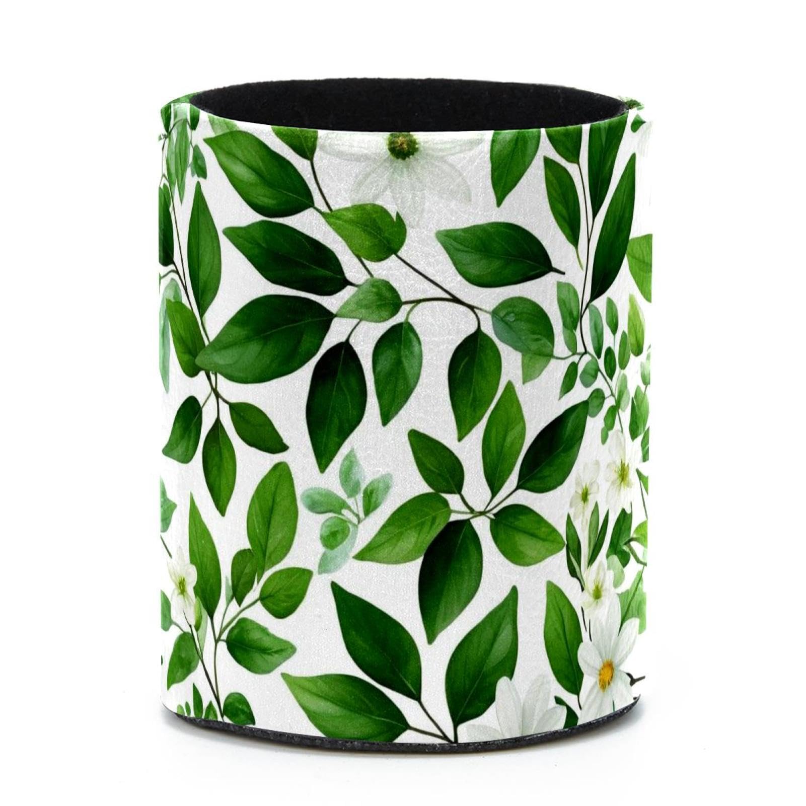 VAPOKF Round Pencil Holders for Desk, Floral with Leaves Pen Holders Pen Pot Makeup Brushes Storage Desktop Stationery Supplies Organiser for Home Office