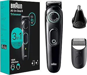 Braun All-In-One Style Kit Series 3 3430, 3-in-1 Trimmer for Men with Beard Trimmer, Ear & Nose Trimmer, Hair Clippers, Ultra-Sharp Blade, 20 Length Settings, Washable