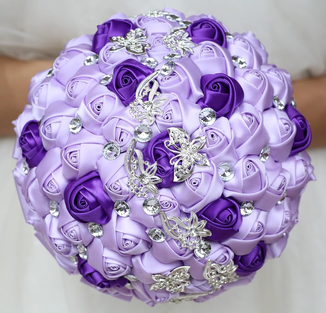 Sharebeauty 5.9" Handmade Satin Rose Mini Bridal Bouquet Toss Round Wedding Bouquet Throw Toss Artificial Flower Bunch Light Purple + Purple