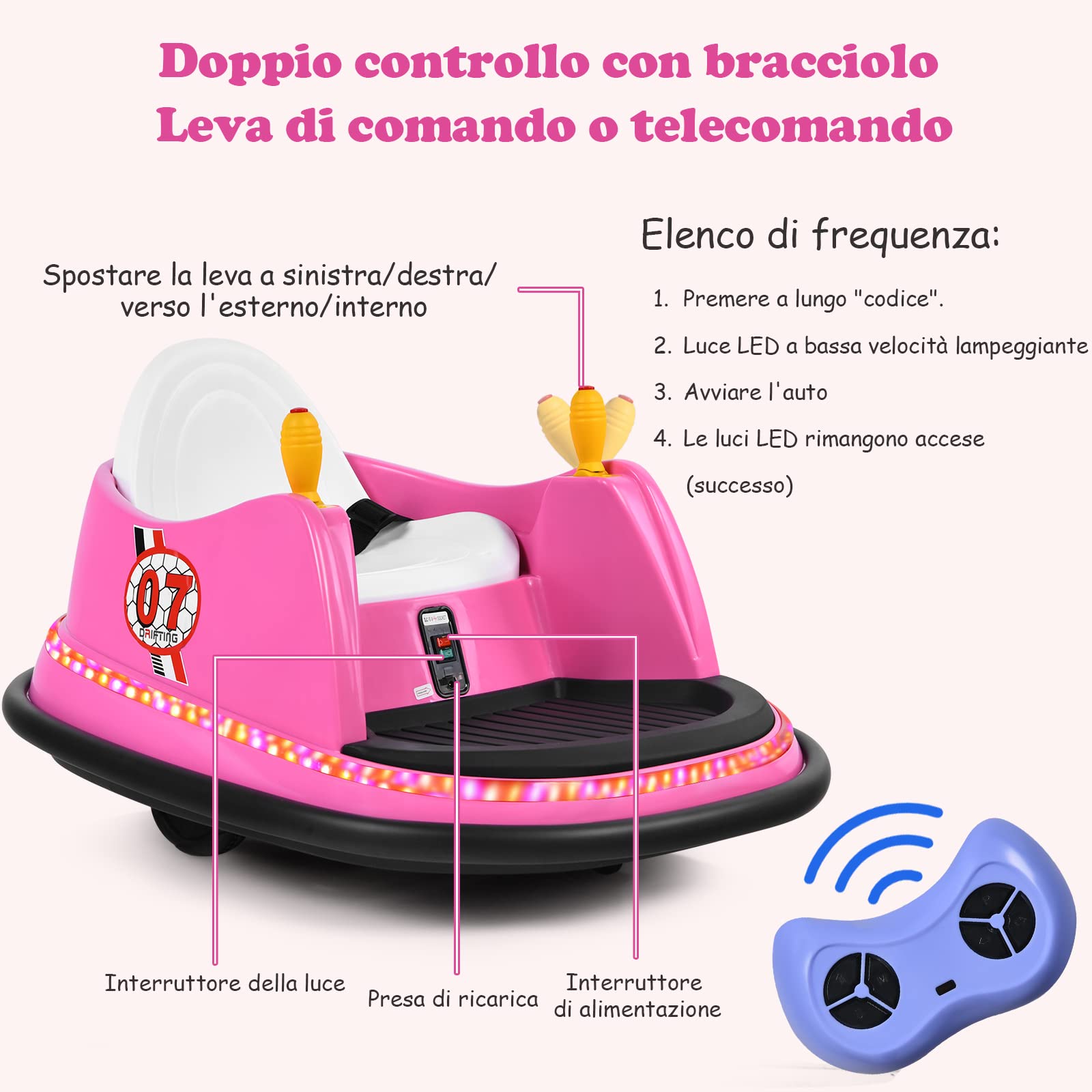 COSTWAY Veicolo Elettrico Macchina Elettrica Design Autoscontro per Bambini, Girevole a 360°, con Luci e Musica, con Telecomando, per Bambini 2-5 Anni (Rosa)