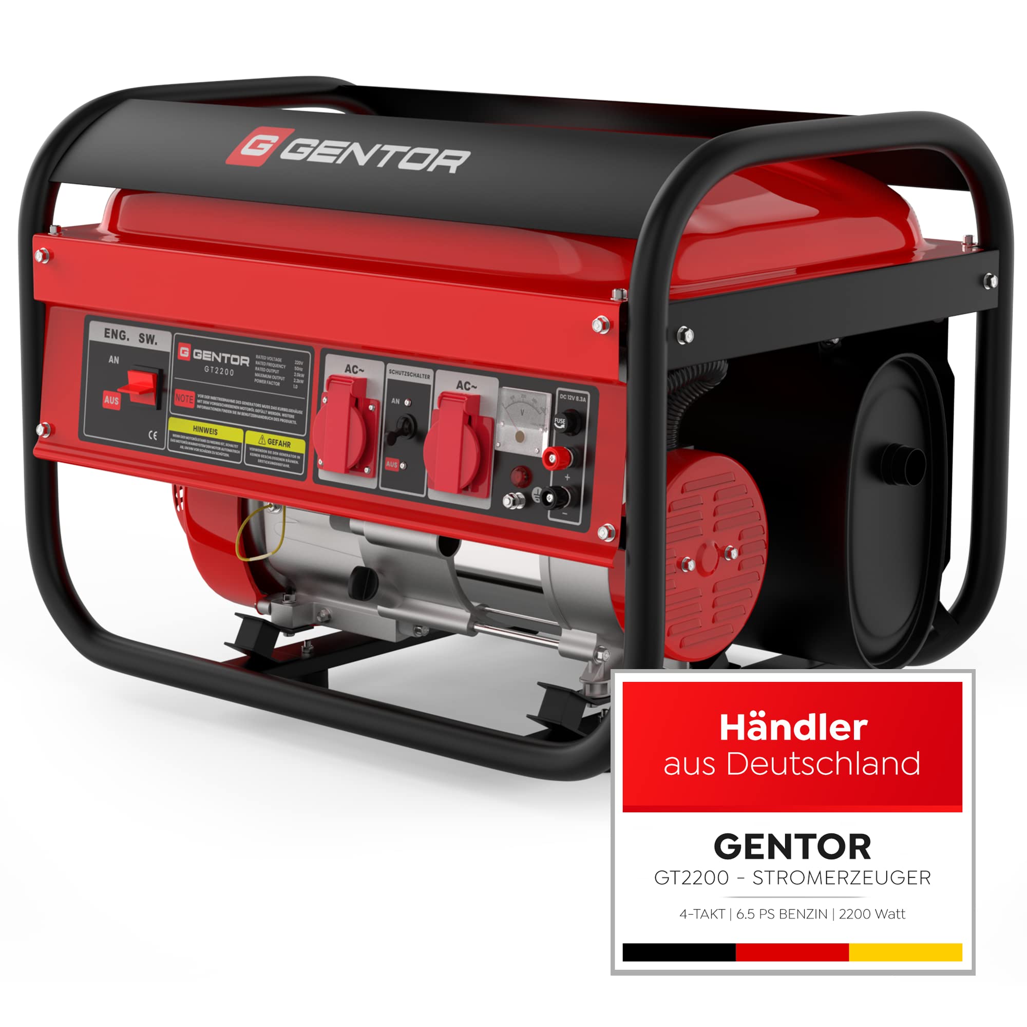 GENTOR generator prądu awaryjnego benzyna cichy 2200 Watt 6.5HP, generatory prądu 4-suwowy silnik benzynowy, 2x 230V, 1x 12V, pull-start, dla kempingu, na zewnątrz, warsztat, dom